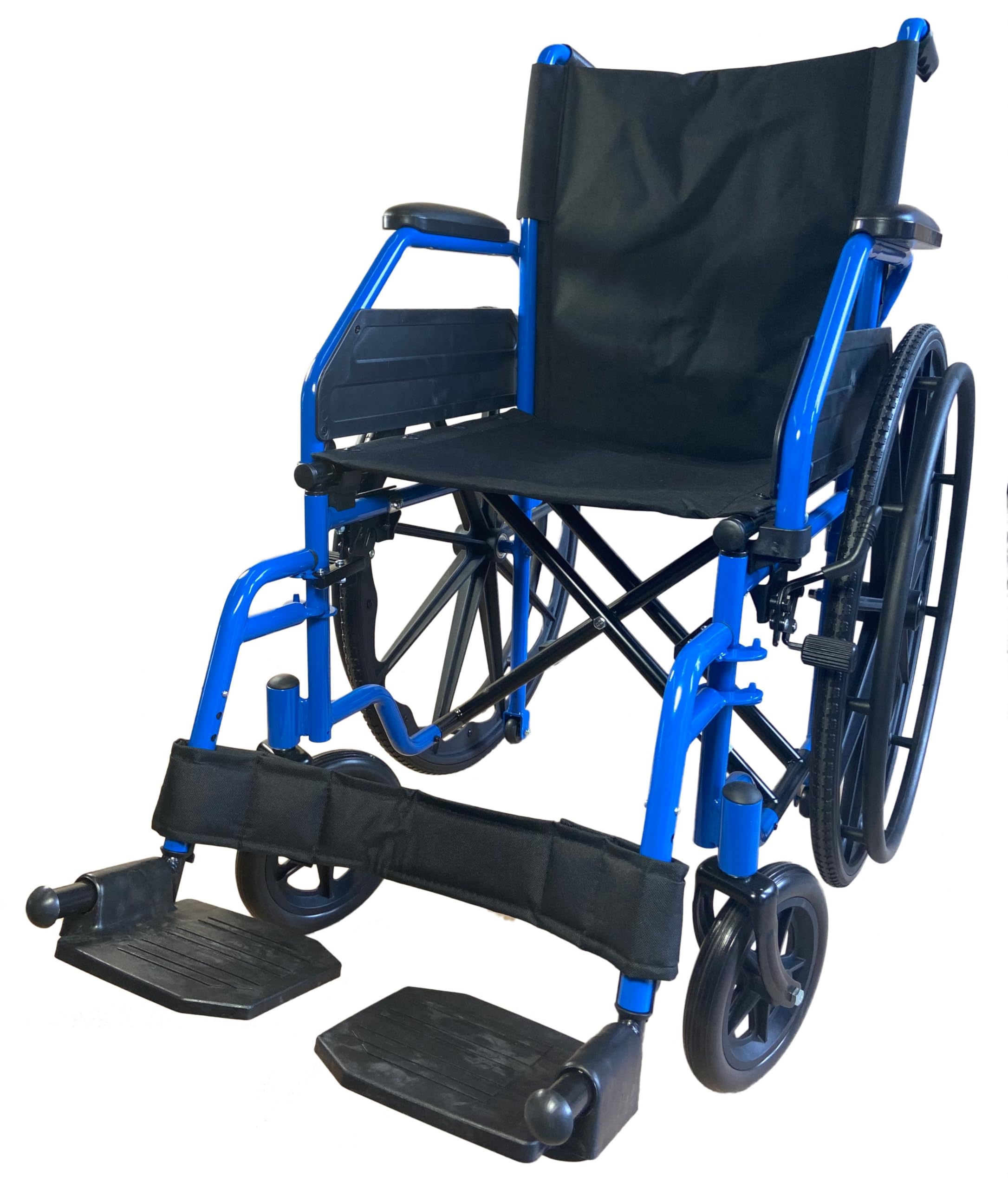 PBPharma - Carrozzina Deluxe Pieghevole 40 x 43 e Leggera per Anziani - Sedia a Rotelle Pieghevole con Braccioli Ribaltabili, Pedane Estraibili, Ruote Piene e Freni di Stazionamento Blu