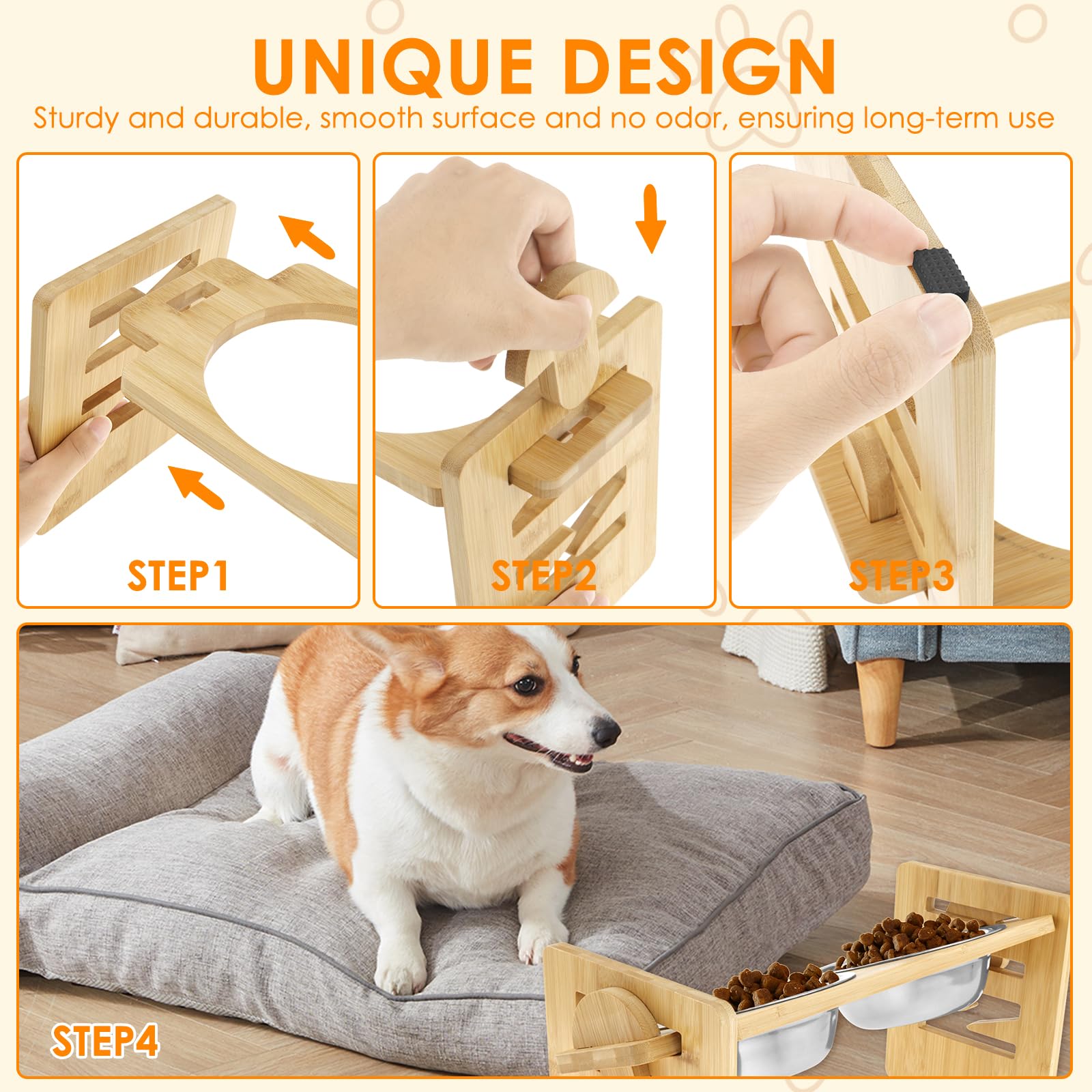 Elevated Dog Bowls Adjustable Raised Dog Bowl Stand Wood Dog Food Bowl Stand with 2 Stainless Steel Bowls Pet Bowl Stand for Different Size of Cats and Dogs