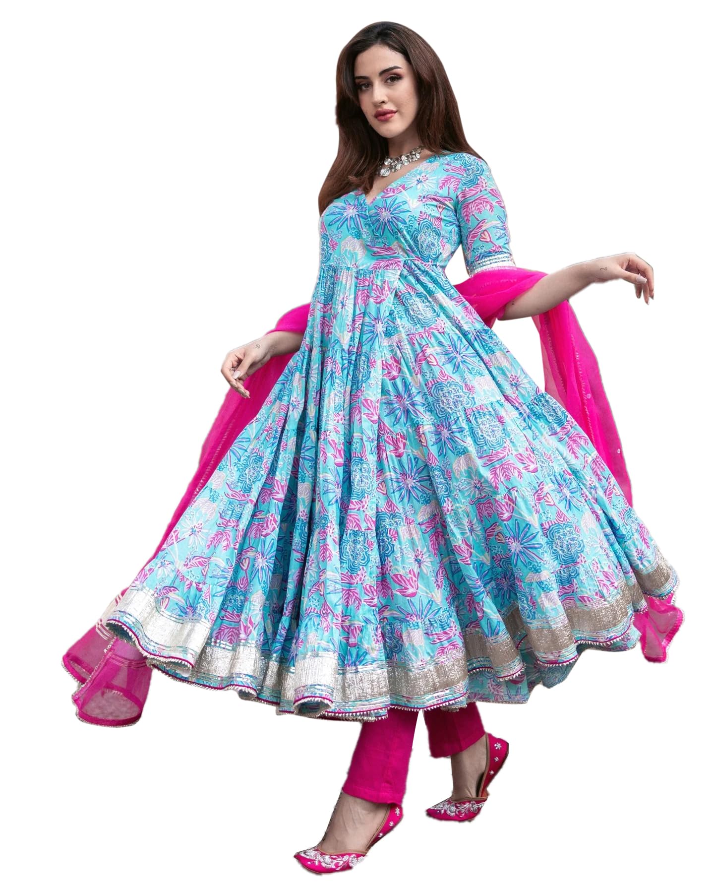 Womens Overlap Waist Tie Up Salwar Suit With Pant Floral Print Work With Dupatta|Rakhi Diwali Ready To Wear