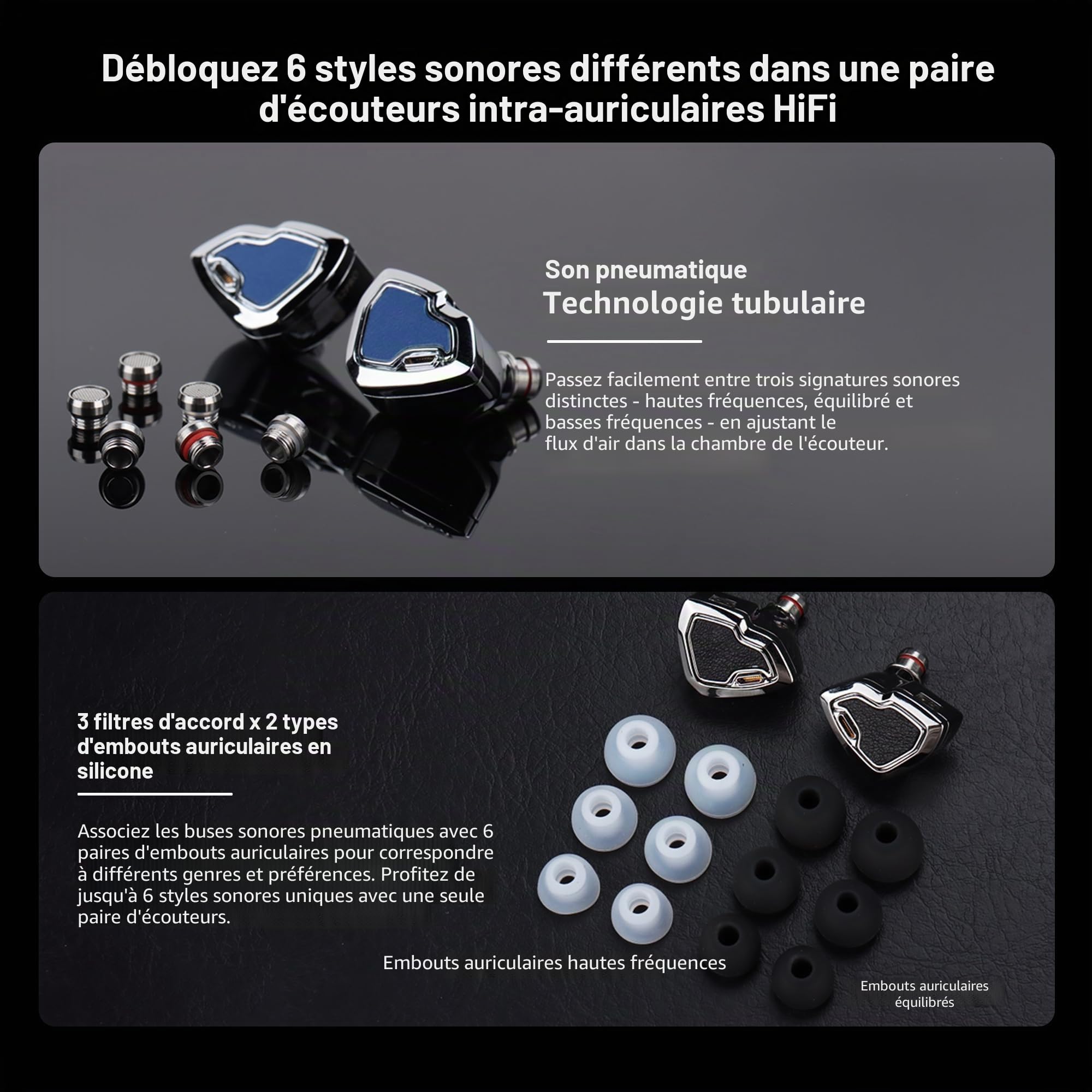 Hidizs MS2 Pro Ecouteur Filaire IEM, Double Circuit Magnétique 1BA + 1DD Hybride in Ear Monitor Haute Performance, 3 Filtres Pneumatiques * 2 Embouts en Silicone，6 Musique Style, Câble OFC, 3.5 mm
