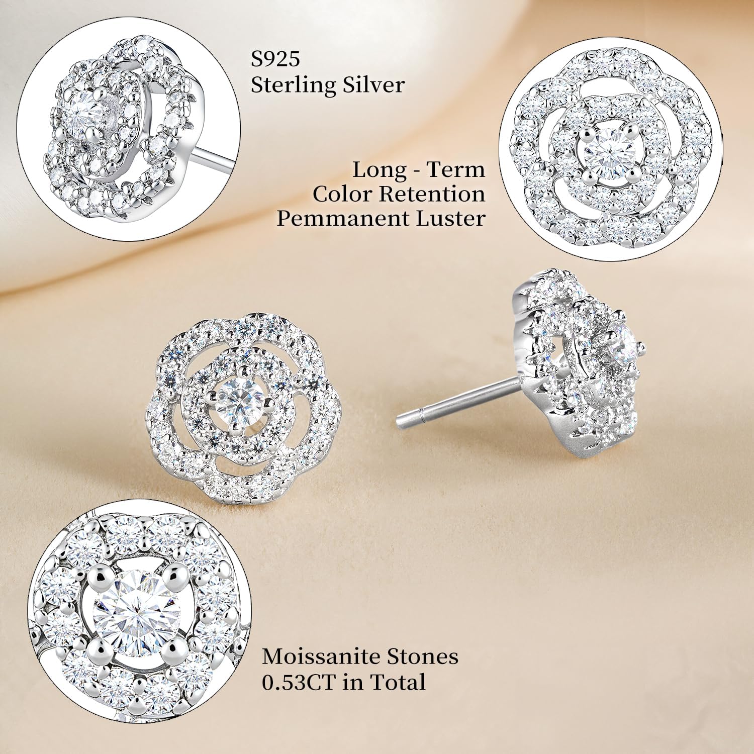Moissanite Stud Earrings, 0.53Ct, D Color, VVS1 S925 Sterling Silver Moissanite Flower Stud Earrings, Flower Cluster Earrings, Valentines Anniversary Birthday Mothers Day Jewelry Gifts for Women - Image 3