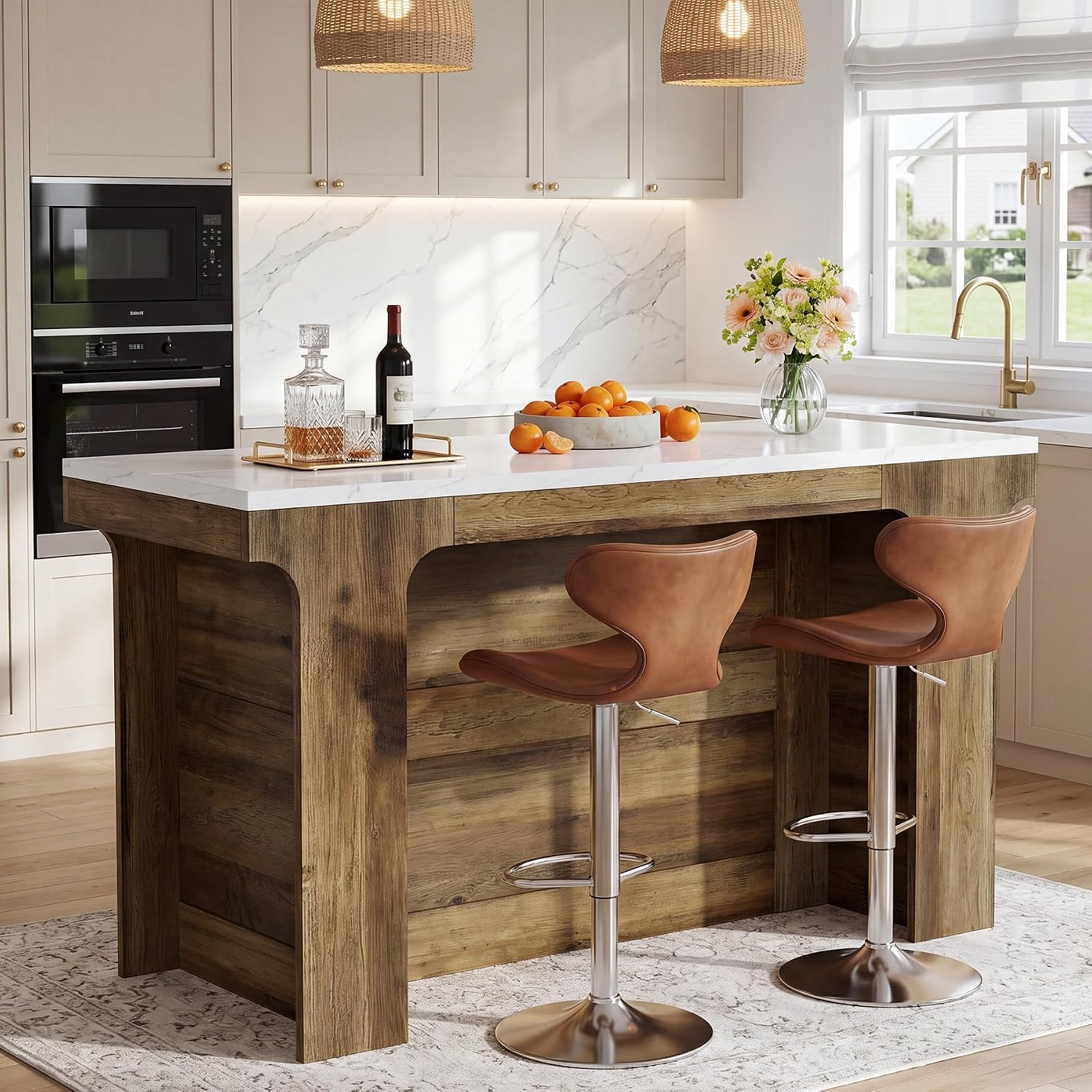 Tribesigns 59'' Bar Table, Modern Counter Height Table with Faux Marble Top | Rectangular Coffee Bar Unit for Living Room, Kitchen, Bistro, Coffee Shop, Easy Assembly, White & Brown
