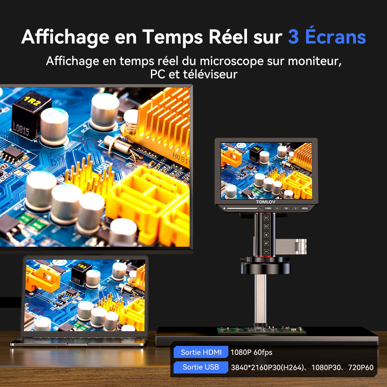 TOMLOV TM4K-AF Max Microscope Numérique Autofocus 4K 2000X HDMI 10,1" IPS Bras Rotatif 360 52MP Caméra pour Soudure