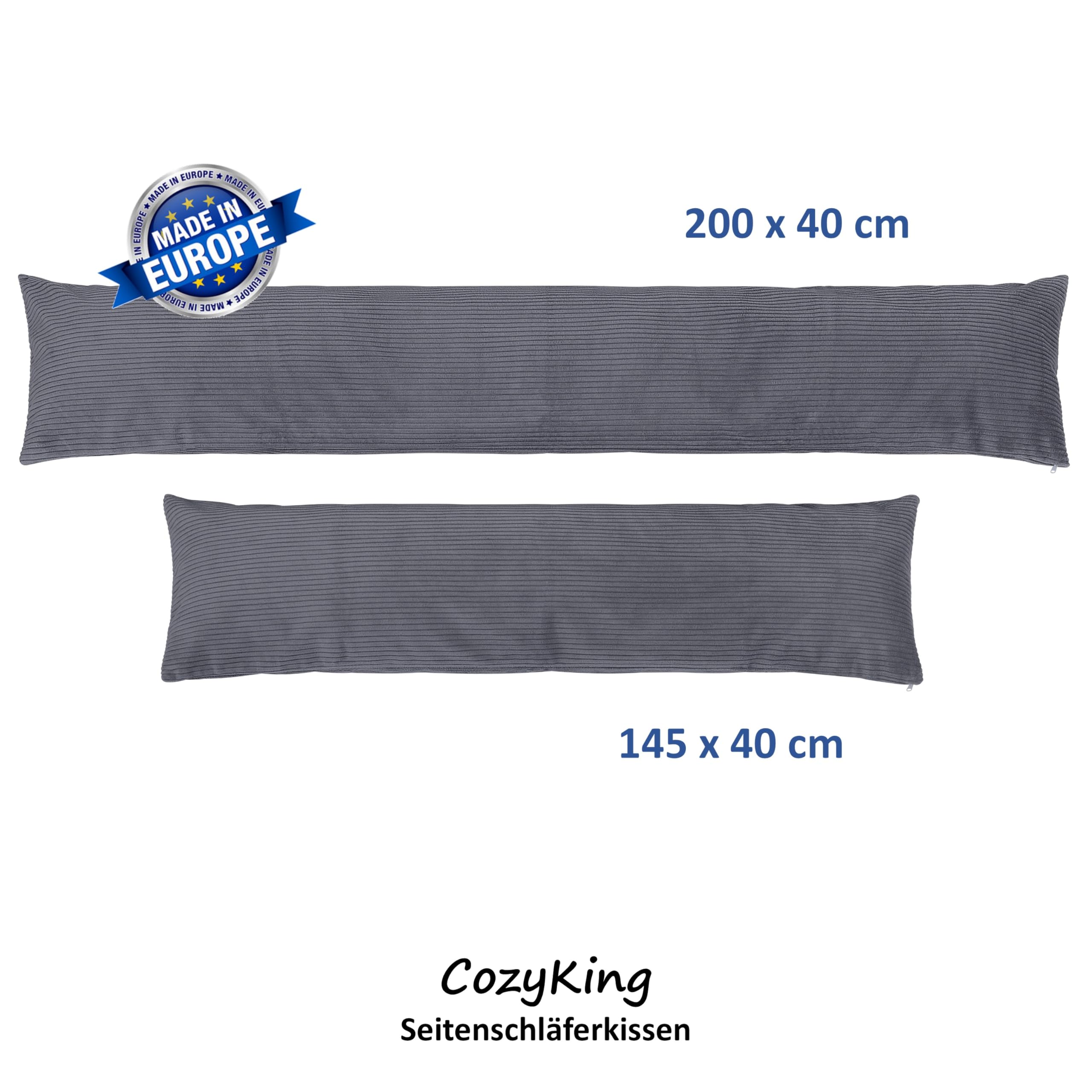 CozyKing Seitenschläferkissen mit Bezug 200 x 40 cm Cord Grau - Öko-Tex Zertifiziert - 40°C waschbar, perfekt als langes Lagerungs-Kissen u. Schlafkissen oder Schwangerschaftskissen/Stillkissen