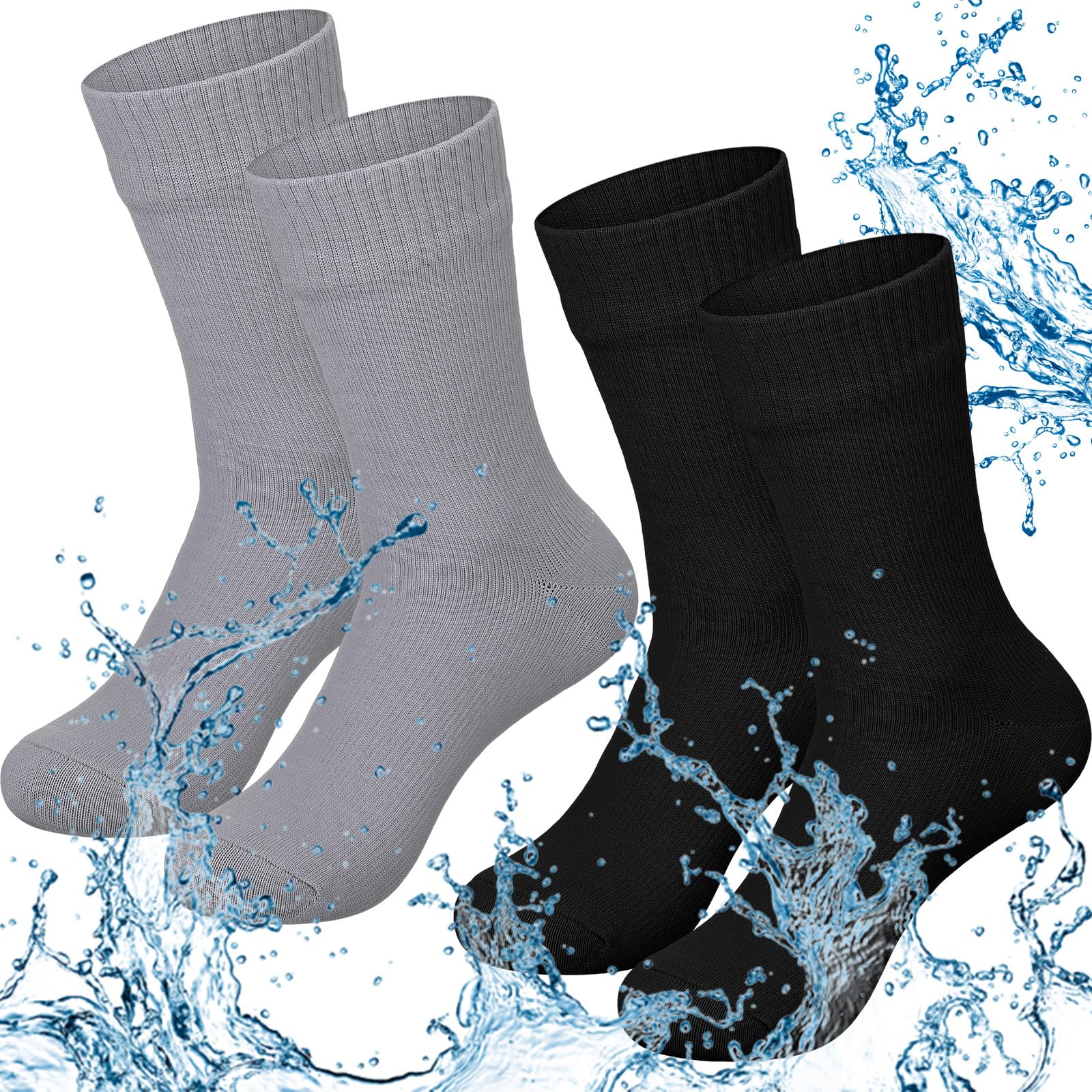 Jeyiour 2 Pairs Waterproof Socks Unisex Waterproof Breathable Outdoor Skiing Hiking Wading Fishing Socks for Men Women(Solid Color Style,Large)