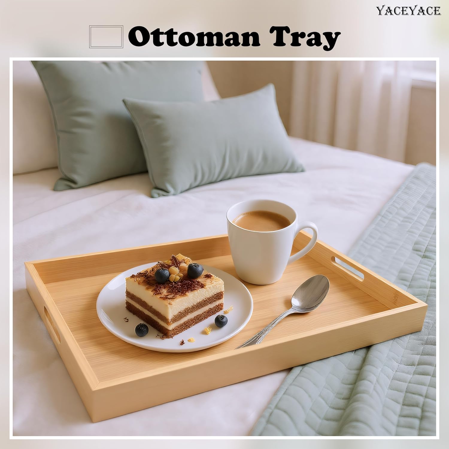 Serving Tray with Handles, 17"x12.5"x1.5" Large Bamboo Serving Tray for Ottoman, Decor Tray for Breakfast, Living Room, Drink, Coffee Table