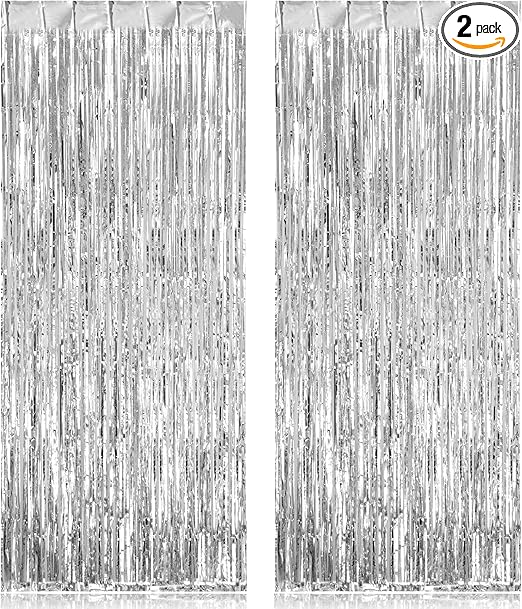 2 Pack Fringe Curtains Backdrops, Foil Fringe Curtains, Door Streamers for Birthday Wedding Bridal Shower Holiday Graduation Party Decorations, Photo Booth Backdrops, Silver