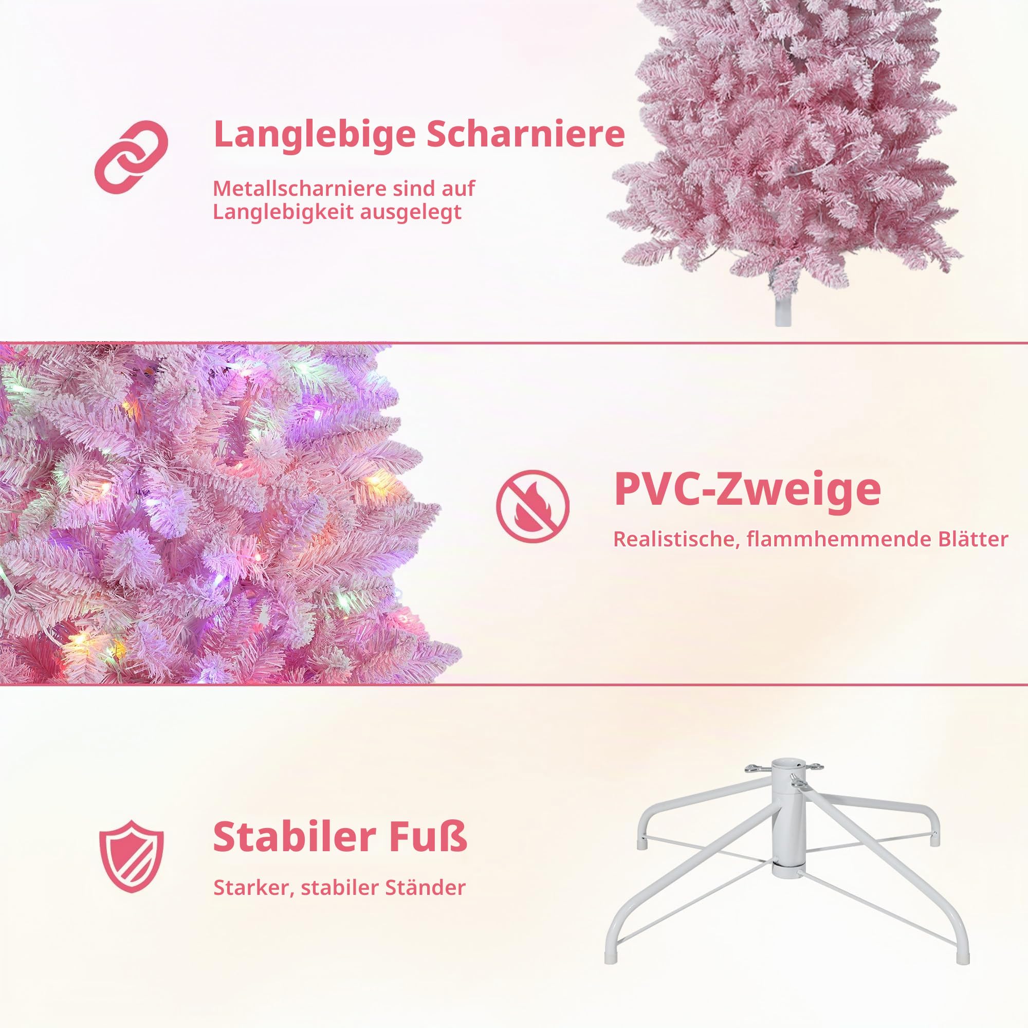180cm Künstlicher Weihnachtsbaum mit 230 LED-Leuchte,610+ Tannennadel， Rosa Gradienten Tannenbaum Groß,Christmas tree für Weihnachten Dekoration, Wohnzimmer, Eingang, Weihnachtsbäume Faltbarem Ständer