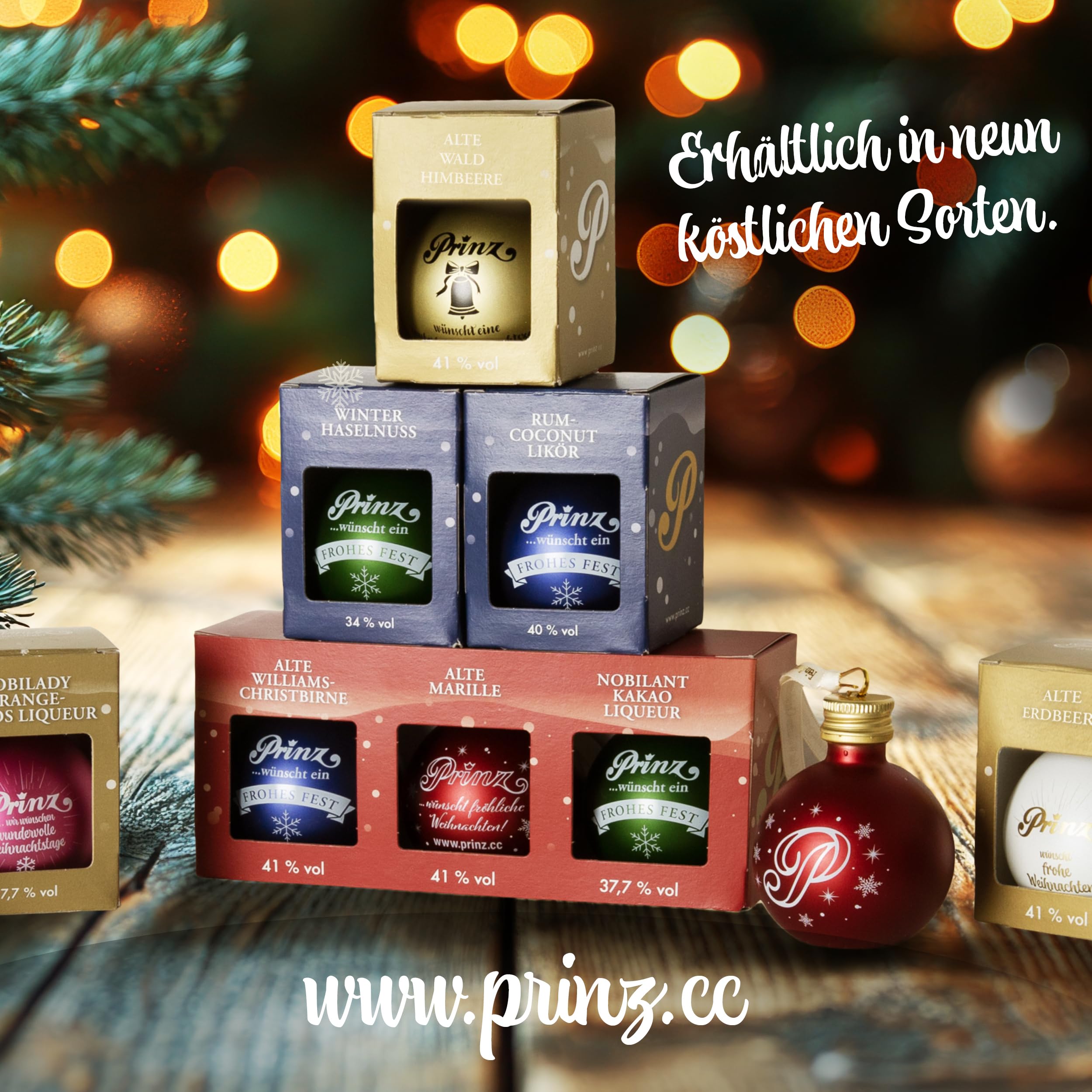 Prinz 3er Box Christbaumkugeln | Gefüllt mit edlem Schnaps & Likör | Weihnachtsdeko & Geschenkidee mit Alkohol | Originelle Schnapskugeln zum Aufhängen (3er Box Rot)