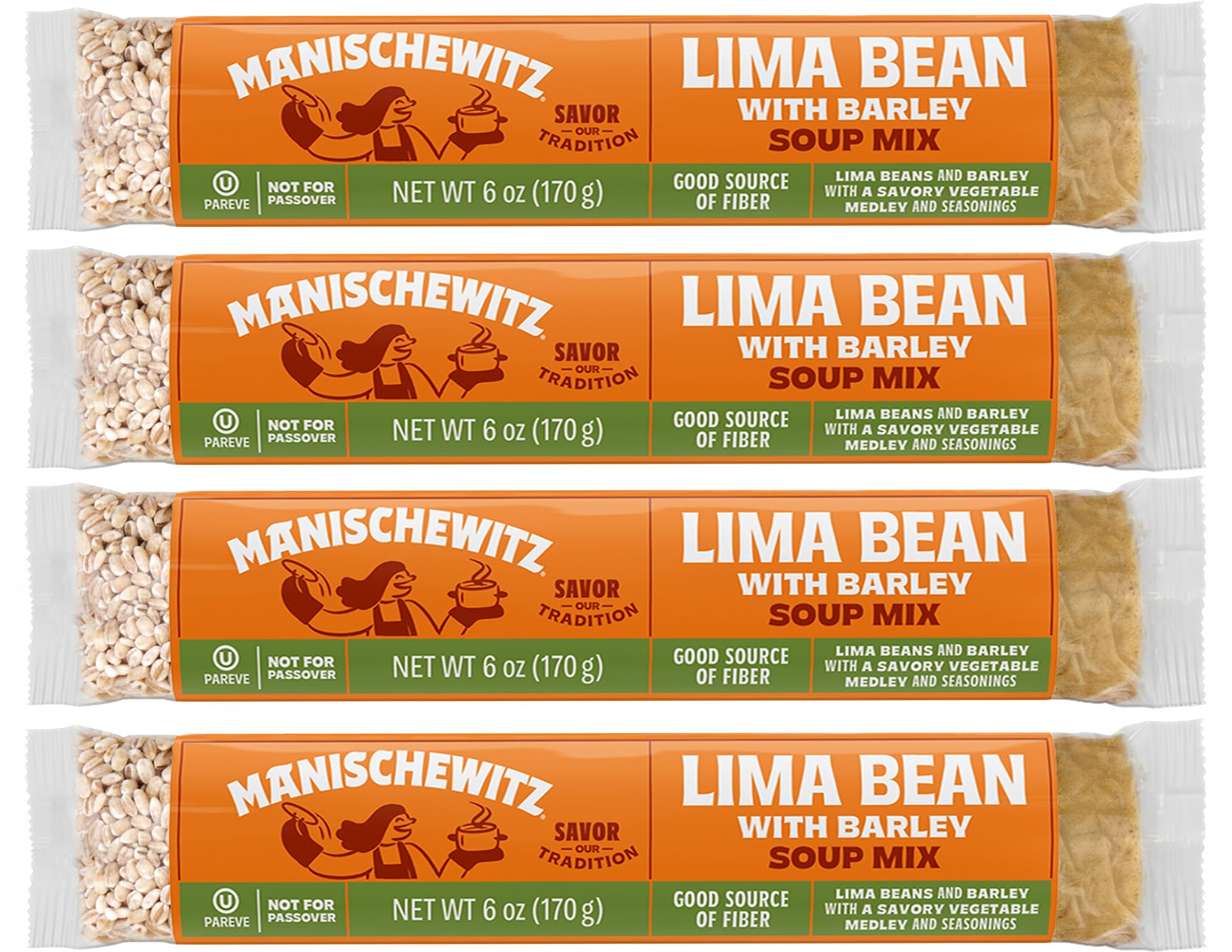 Manischewitz Lima Bean with Barley Soup Mix, 6oz (4 Pack) Cello Soup, Lima Beans & Barley with a Savory Vegetable Medley & Seasoning (NO MSG), Great Source of Fiber, Fat Free, Kosher