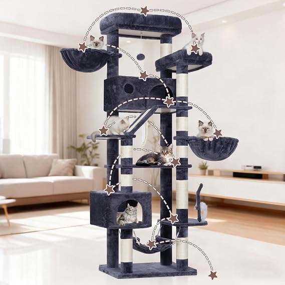 Gitelsnour GCT031G Large Cat Scratching Post Large Cats Stable for Indoor Use 200 cm Cat Scratching Post with Spacious Platforms Cat Caves Hammock Sisal Columns Smoke Grey