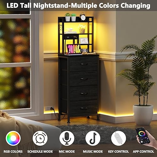 Miniatura 4 de Furnulem Tall Nightstand, LED Night Stand with Charging Station and USB Ports, 4 Fabric Drawers and 4 Tier Storage Shelf, Nightstands Bedside Tables