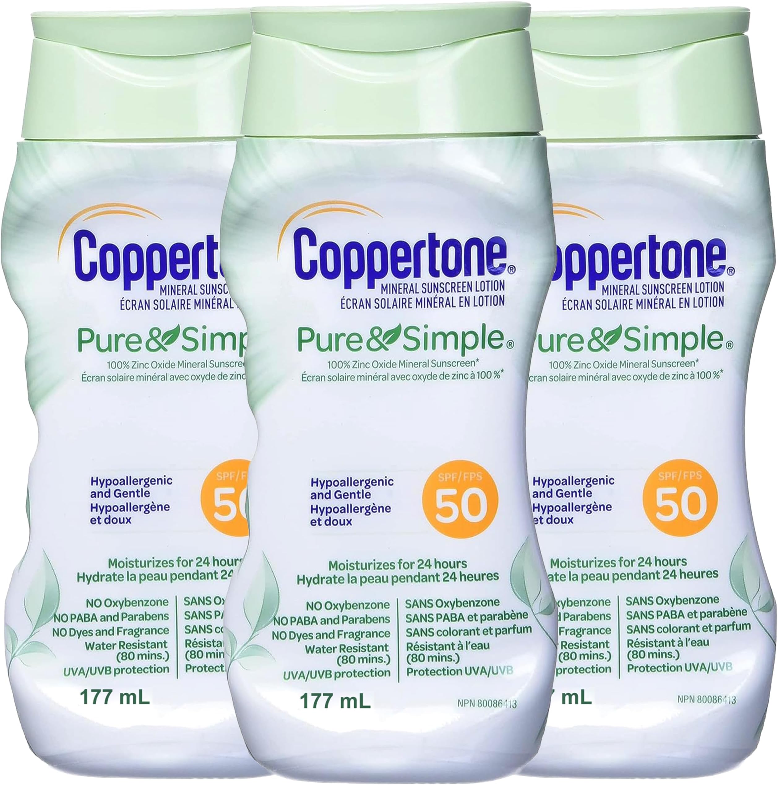 Pure and Simple Zinc Oxide Mineral Sunscreen Lotion SPF 50, Body Sunscreen, Water Resistant, Broad Spectrum SPF 50 Sunscreen for Sensitive Skin, 6 Fl Oz Bottle (Pack of 3)