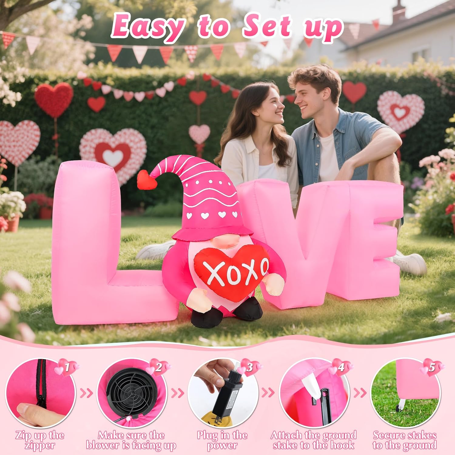 7FT Long Valentines Day Inflatable Decorations Valentine Gnomes with Love Letters Outdoor Inflatables Romantic Anniversary Wedding Holiday Party LED Lights Blow Ups for Outside Yard Lawn Decor