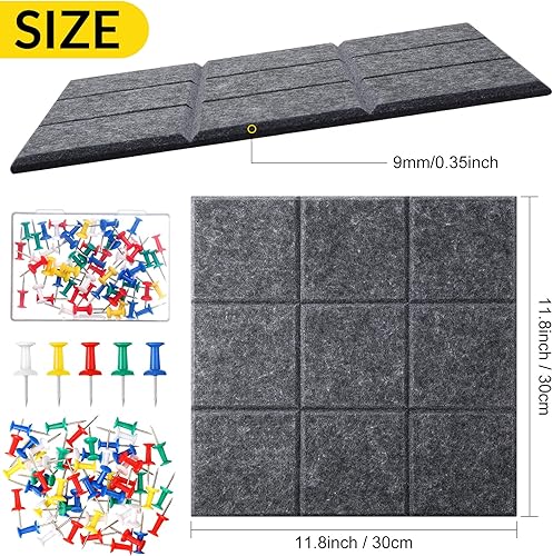 Miniatura 10 de 12 tablones de anuncios de fieltro grandes de 11.8 x 11.8 pulgadas para pared, azulejos cuadrados de fieltro con 60 pasadores de empuje, tablero de