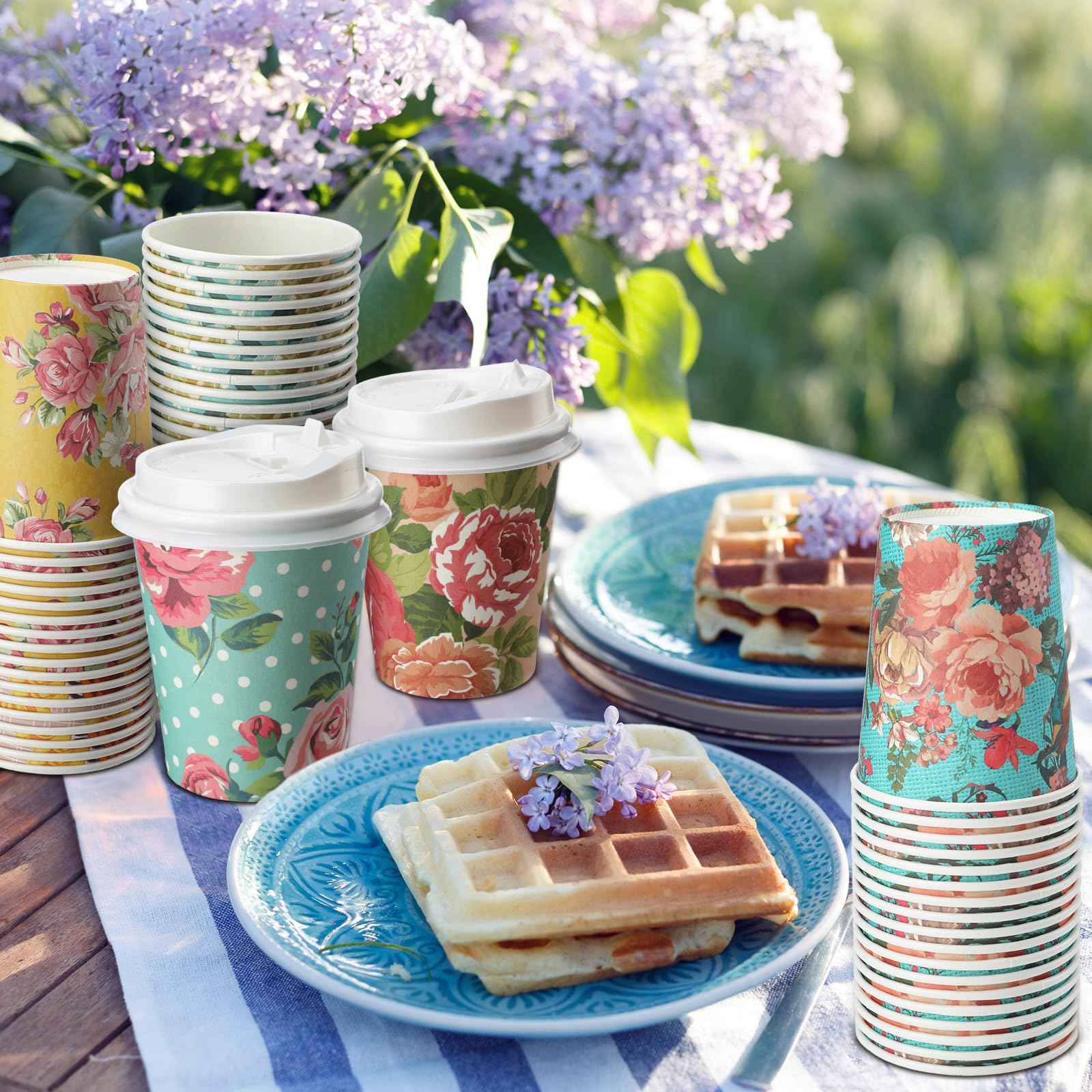 Chuangdi 120 Pack 9 oz Vintage Floral Tea Cups with Lids Vintage Floral Party Coffee Cups Paper Tea Cups Bulk Disposable Coffee Cups for Tea Party Bridal Wedding Baby Shower, 6 Styles