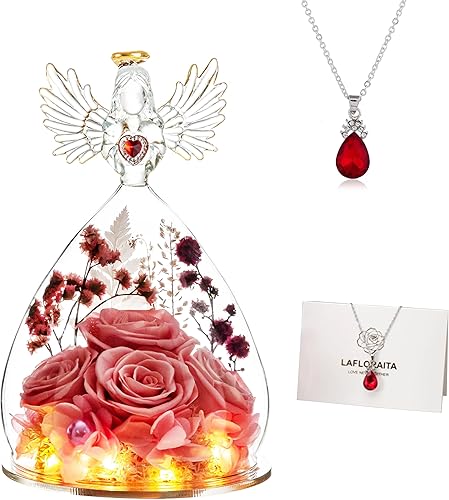 Regalos de rosas preservadas para el Día de la Madre para mujeres, mamá, abuela, esposa, figuras de ángel de cristal con luz LED, cuatro rosas