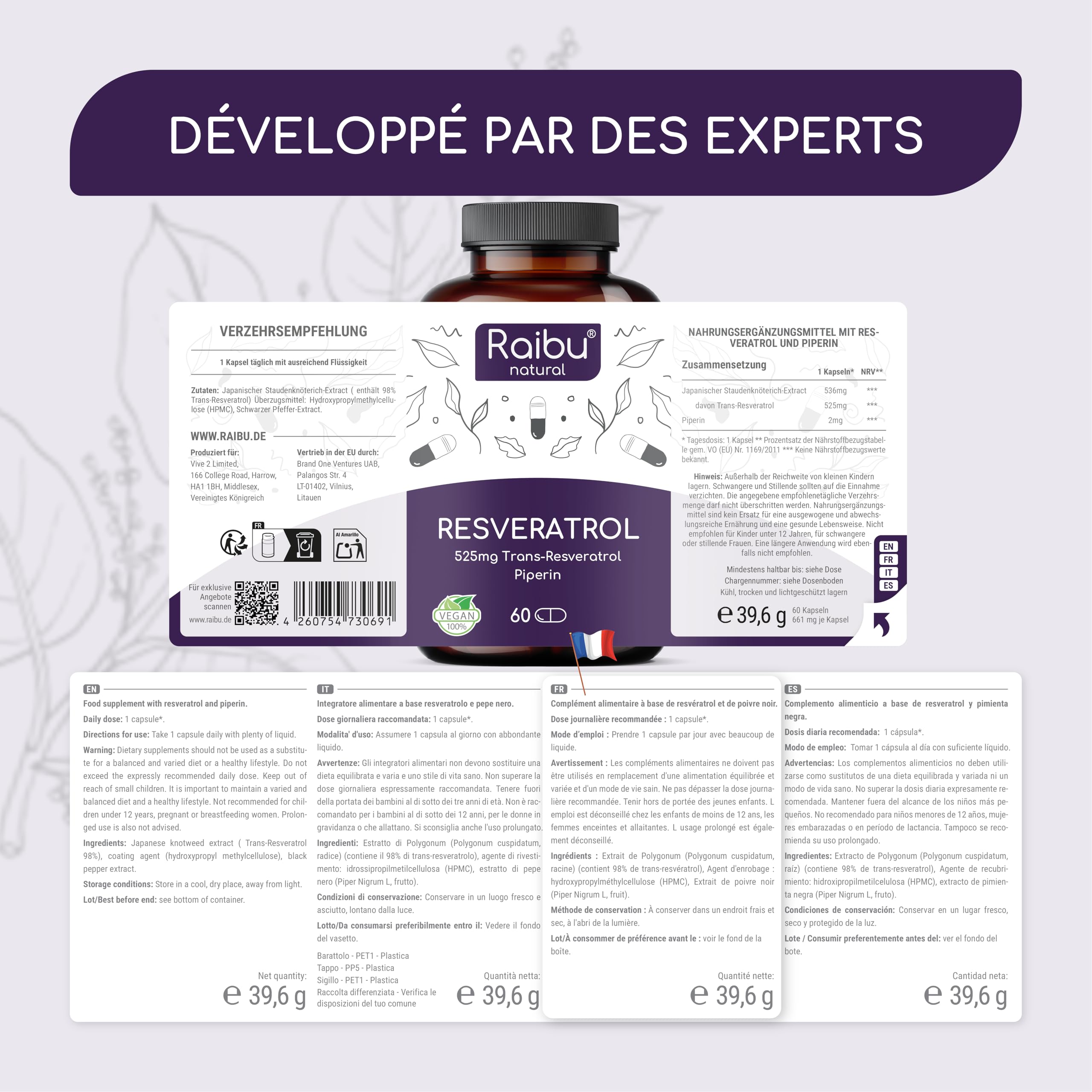 Resvératrol, 1050 mg de Trans Resveratrol Pur (98%) par dose quotidienne - Antioxydant Puissant - Extrait 140:1, 60 Gélules - Absorption Optimisée avec Pipérine - Végétalien, Sans Additifs