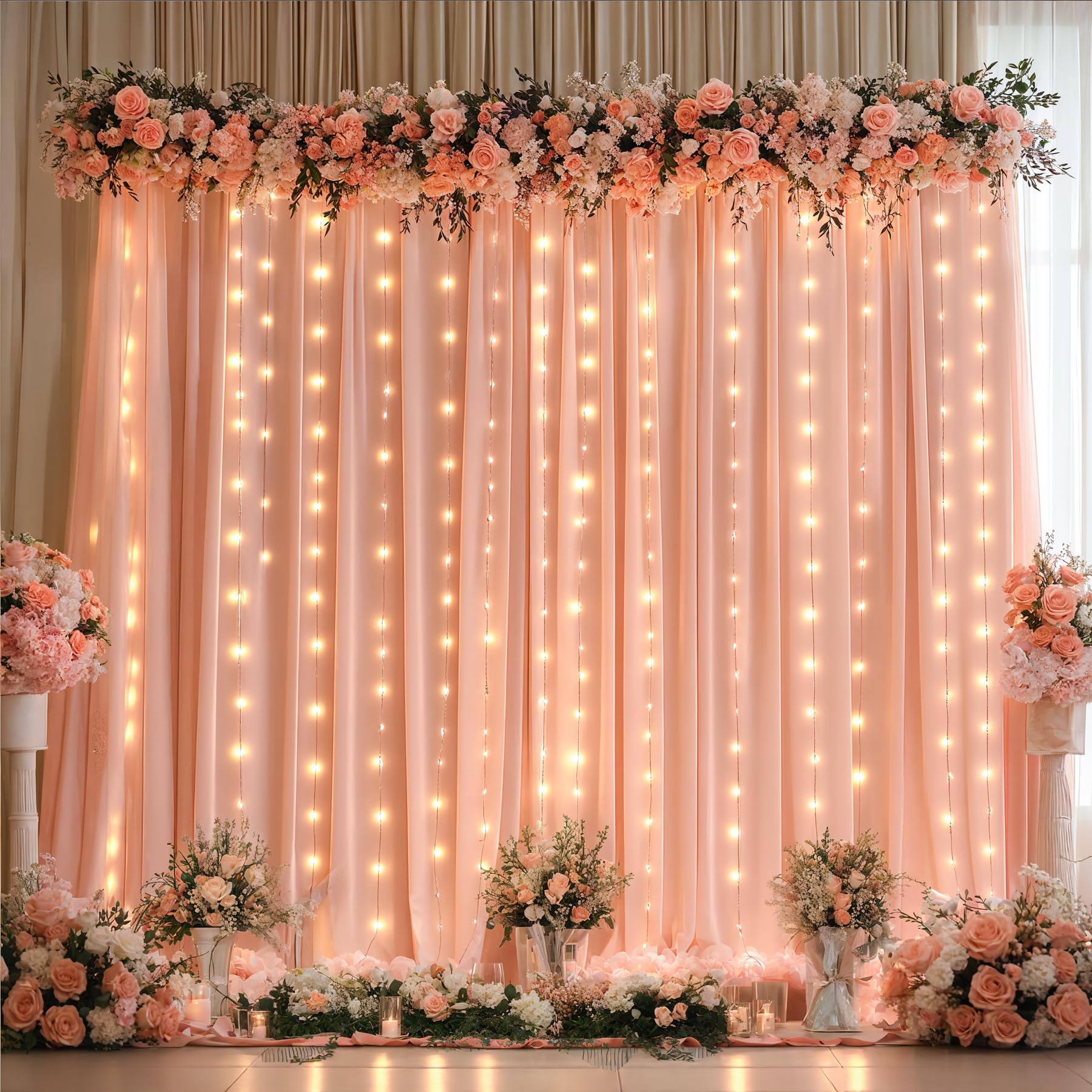 10x10ft Peach Backdrop Curtains with Lights Wrinkle Free Fabric Backdrop Curtain for Wedding Birthday Party Baby Shower Photo Shoot Bridal Shower Home