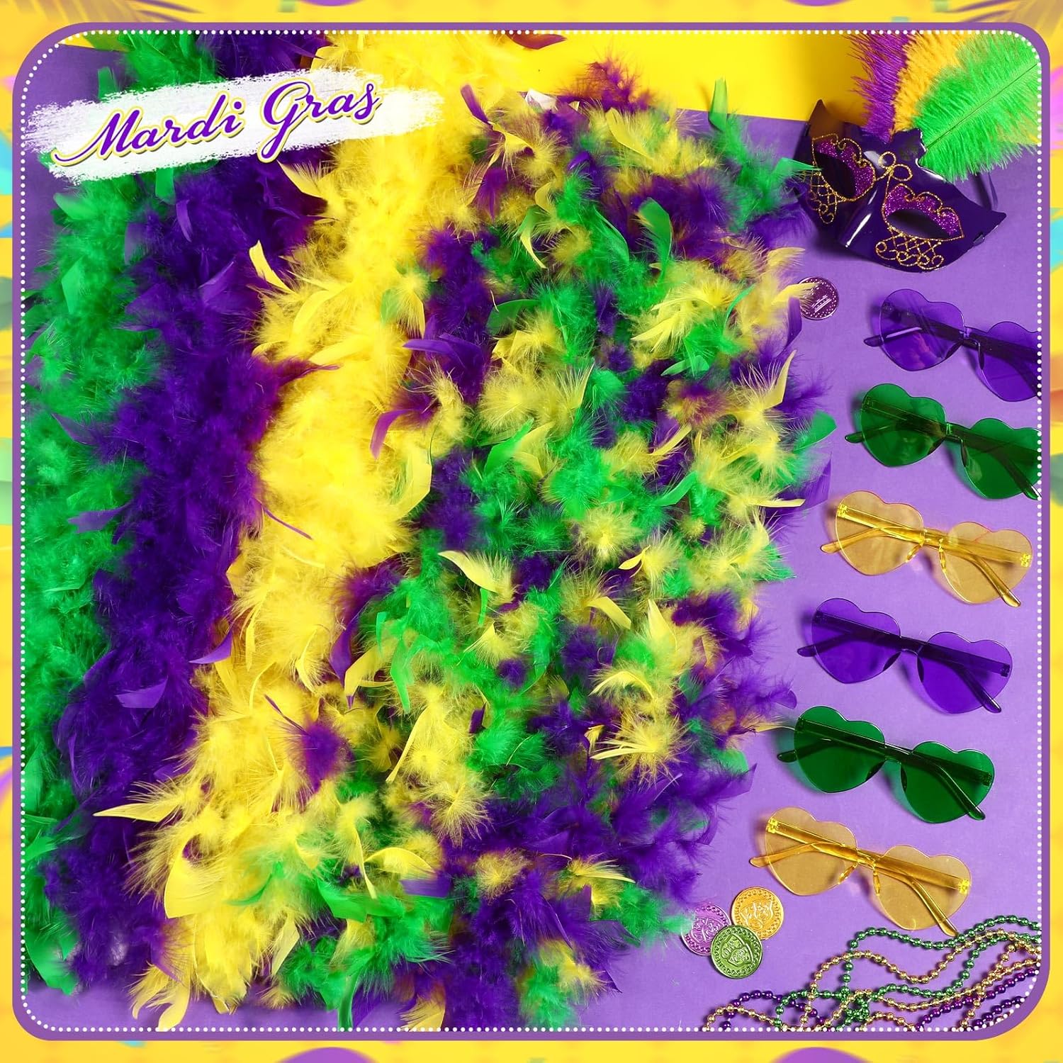 Mardi Gras Feather Boas Set of 6 with 6 Colorful Sunglasses, 12 Pcs Purple Green Gold Party Costume Accessories Mardi Gras Party Decorations - Image 7