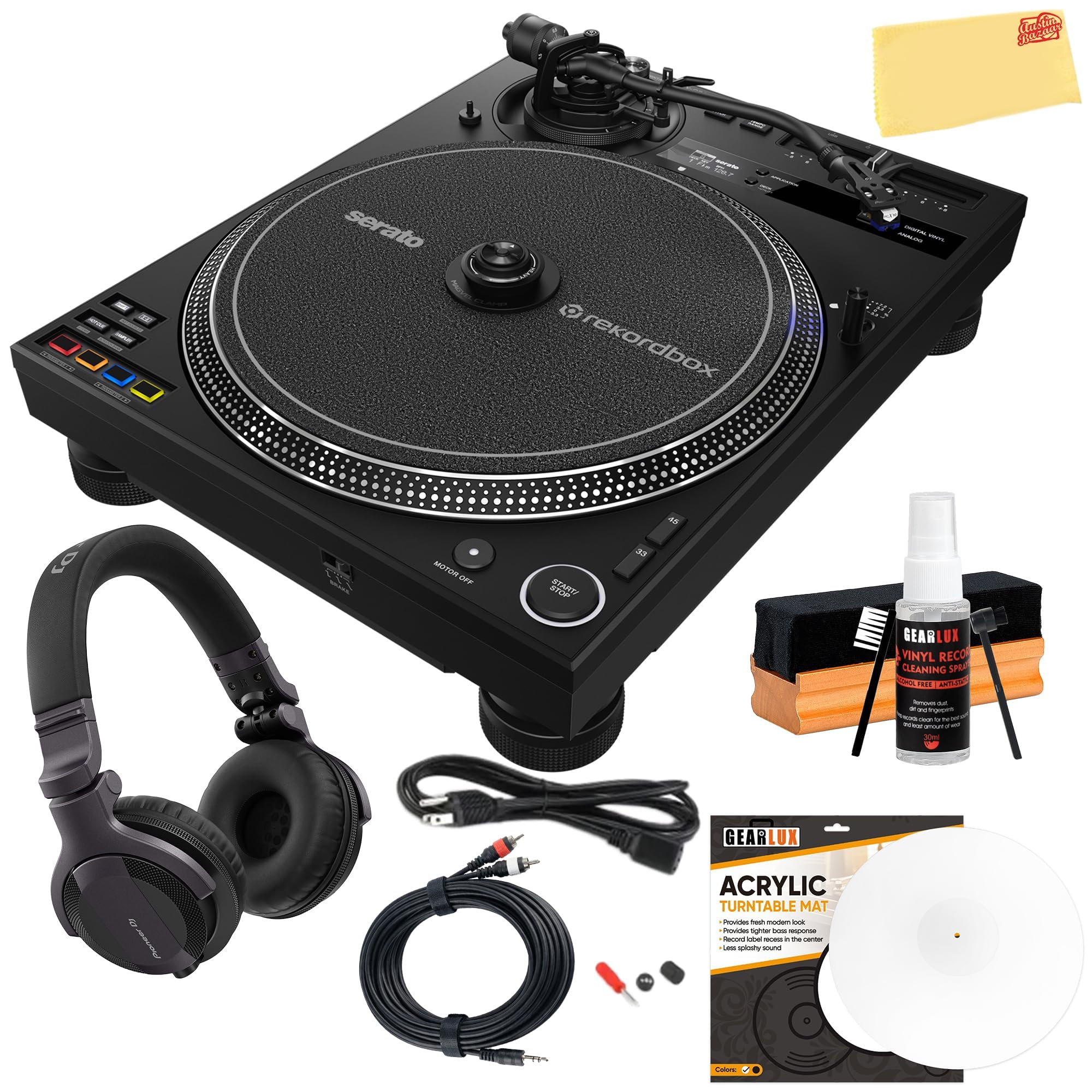 Pioneer DJ PLX-CRSS12 Professional Direct Drive Turntable with DVS Control - Black Bundle with Headphones, TRS-to-RCA Breakout Cable, Slipmat,