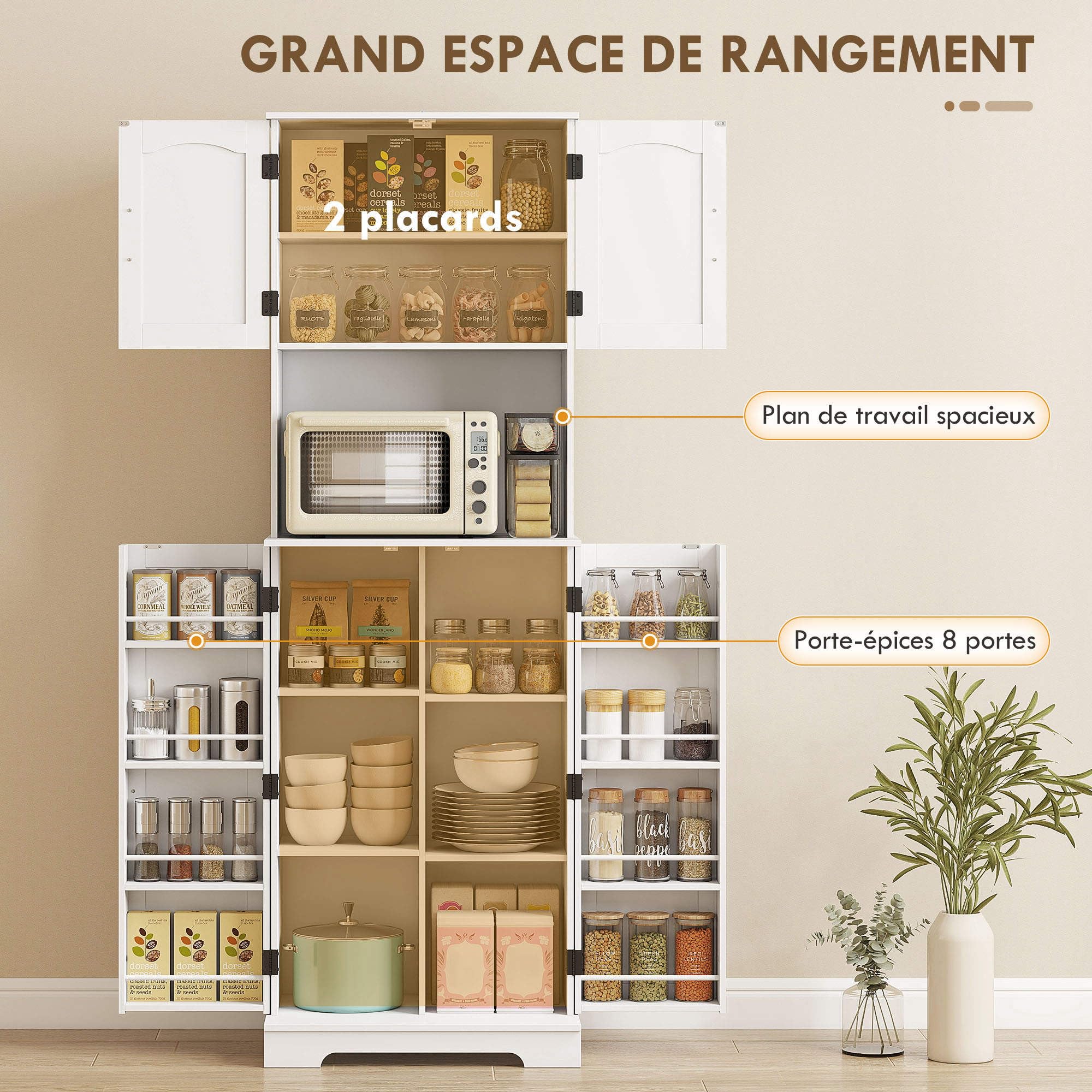 HOMCOM Buffet Haut Cuisine, Armoire de Cuisine, vaisselier, 4 Portes, Plan de Travail, 8 Porte-épices et étagères réglables, Meuble de Rangement pour Salon, Salle à Manger, 60 x 40 x 181,5 cm, Blanc