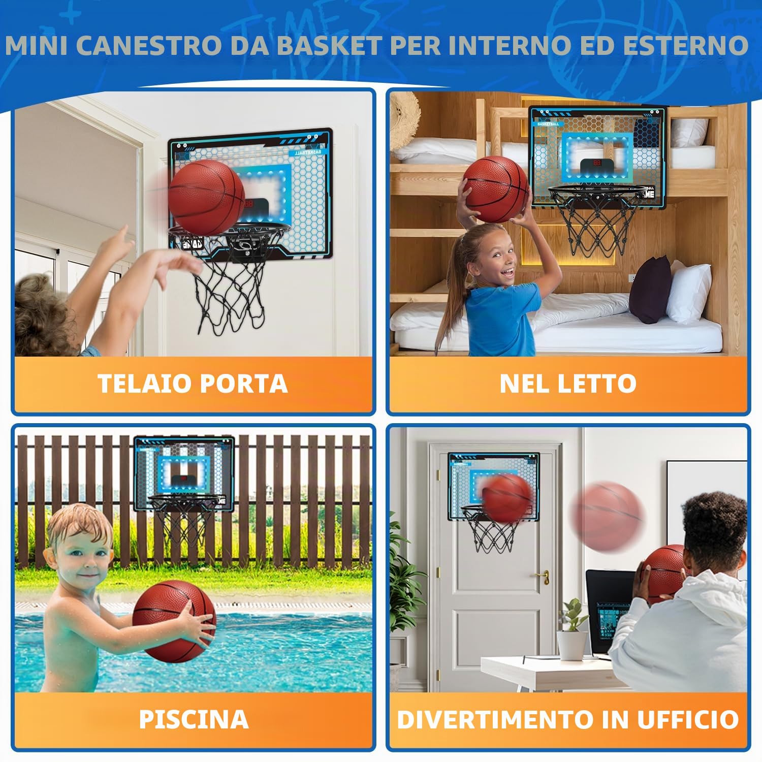 Canestro Basket da Camera, Canestro Basket Bambini con LED, Elettronico Punteggio Record e 3 Palla da Basket, Mini Canestro Basket per Ragazzi Ragazze 5-12 Anni, Regalo Natale per Compleanno