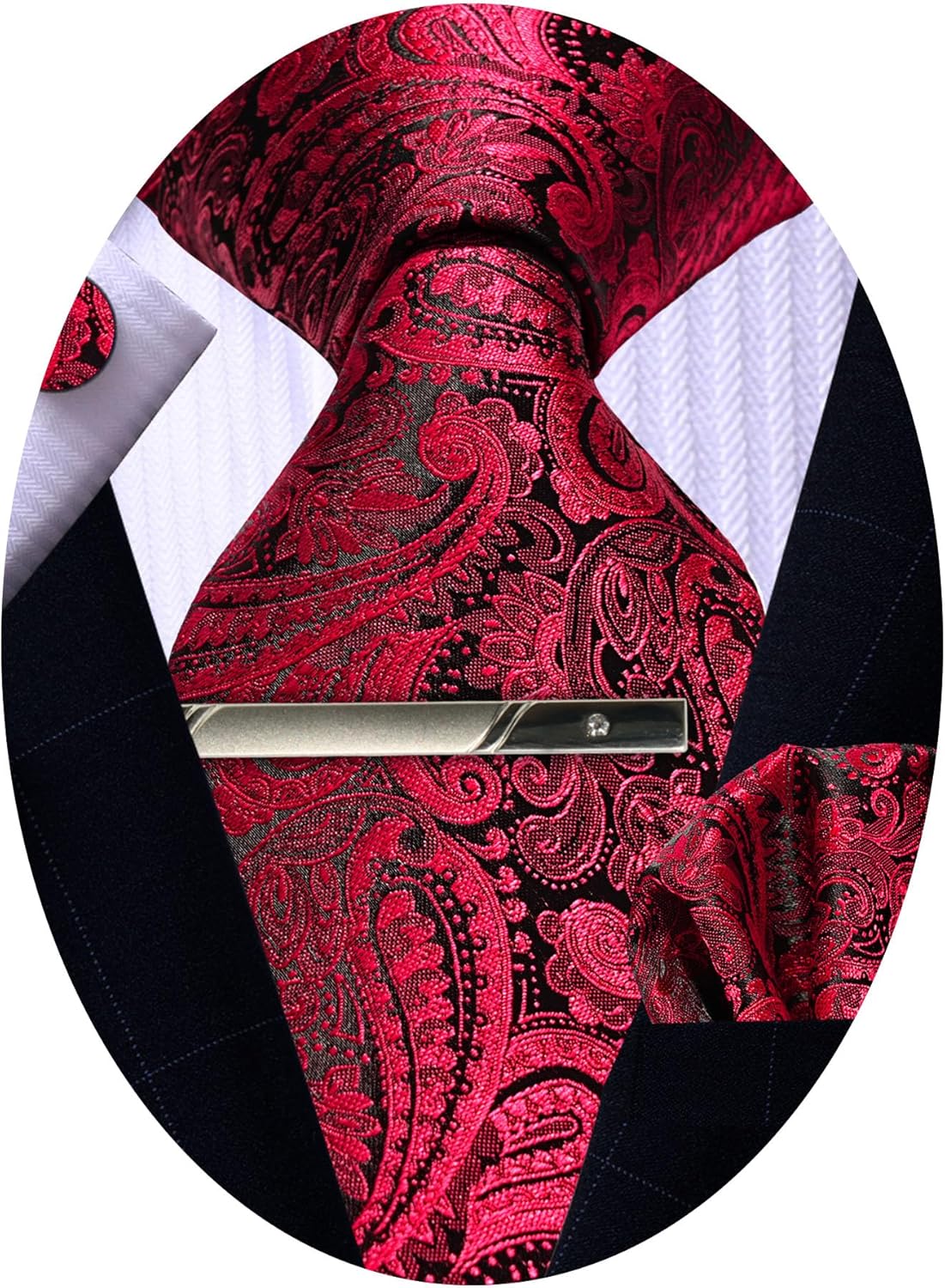 Mens Silk Tie and Pocket Square Cufflinks Clip Set, Designer Woven Necktie Set for Wedding Business Prom