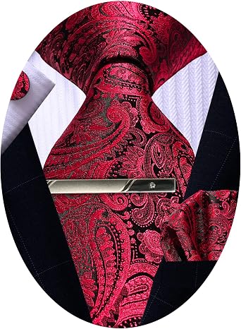 Mens Silk Tie and Pocket Square Cufflinks Clip Set, Designer Woven Necktie Set for Wedding Business Prom