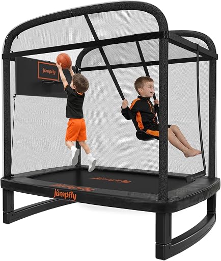 jumpfly 6FT Rectangle Trampoline for Kids, Toddler Trampoline with Swing & Basketball Hoop, Indoor & Outdoor Mini with Enclosure, ASTM Approved