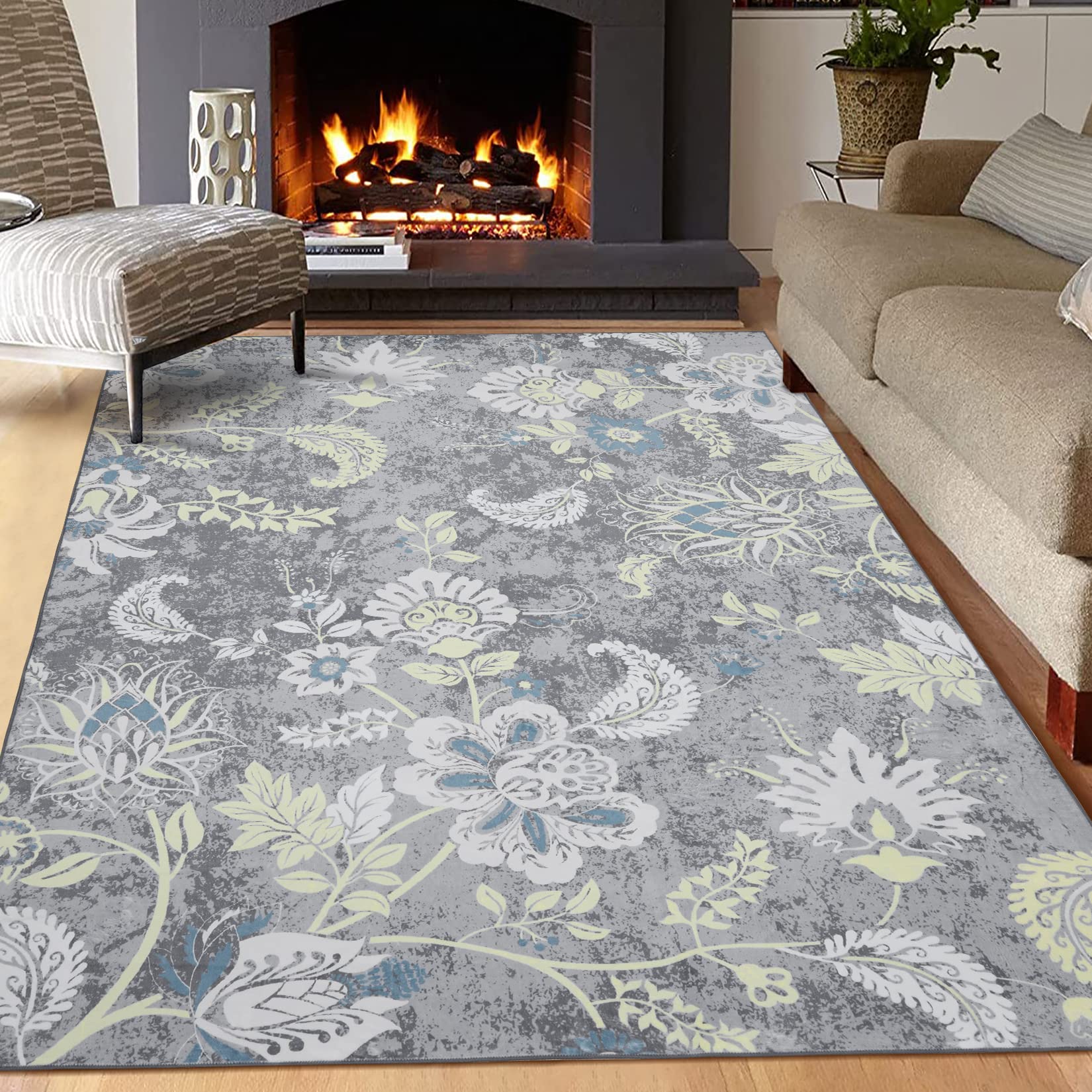 ROYHOME Area Rug 4x6 Modern Floral Area Rug Washable Rugs Colorful Botanical Printed Accent Area Carpet Boho Rug Indoor Throw Carpet Floor Cover for Living Room Bedroom Nursery, Grey/Multi
