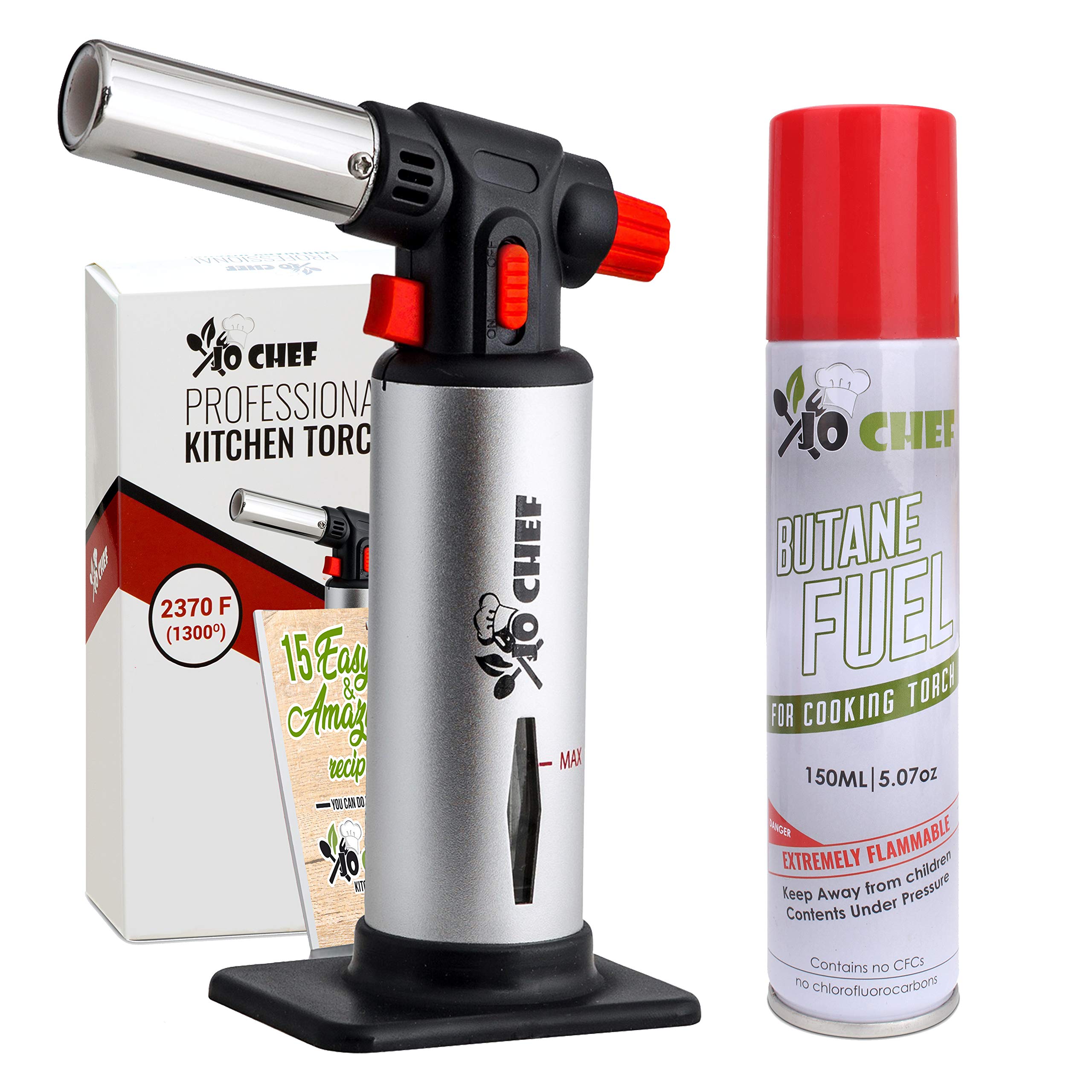 Jo Chef Kitchen Torch with Butane Included – Refillable Lighter with Safety Lock & Adjustable Flame, Blow Culinary Torch for Cooking, BBQ, Creme Brulee, DIY and Soldering - 1 Can (5.07oz) Included