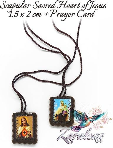 Miniatura 5 de Escapulario Católico Marrón Lana Rectangular Icono Hecho a Mano Corazón Sagrado de Jesús con Nuestra Señora Monte Carmelo por Zaraleas
