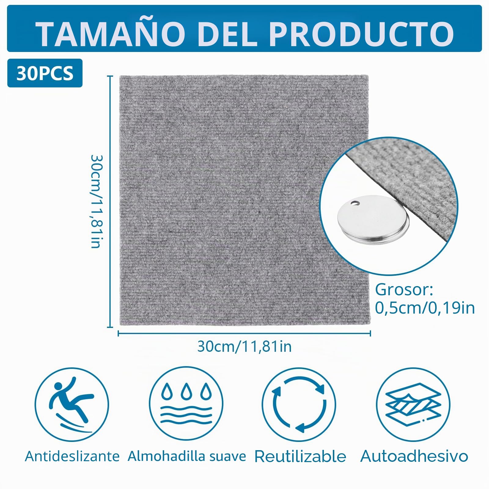 30 piezas baldosas de moqueta 30x30 cm, baldosas de moqueta autoadhesivas, moqueta, baldosas de moqueta, baldosas de moqueta autoportantes para oficina, salón, balcón (gris claro)