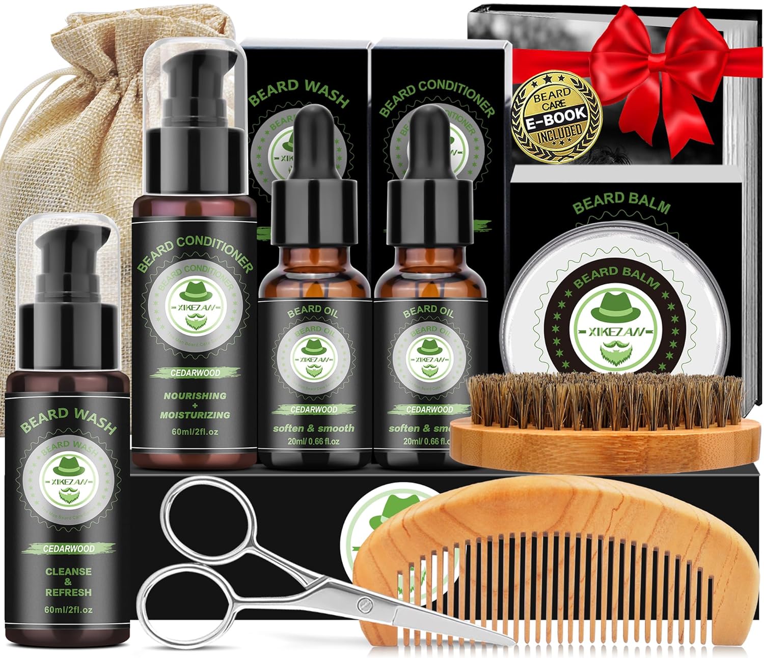 Dad Husband Christmas Gifts,XIKEZAN Beard Kit for Men Grooming with Cedarwood Wash,Conditioner,Oil,Balm,Brush,Comb,Scissors,Anniversary Valentines Birthday Fathers Gift Ideas for Men Grandpa Boyfriend