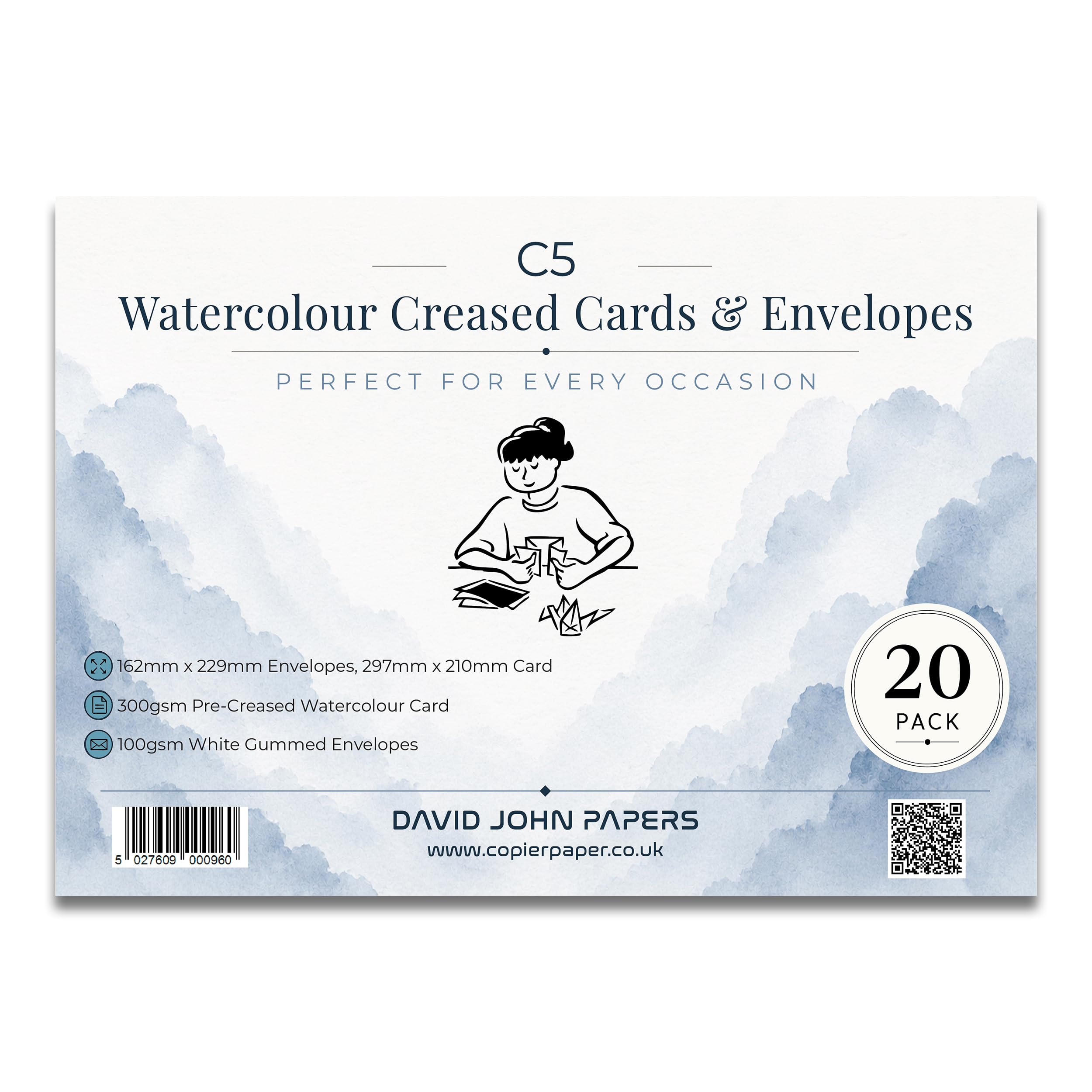 Djp White Watercolour Creased Blank Greeting Cards & Envelopes - Pack Of 20 (C5)