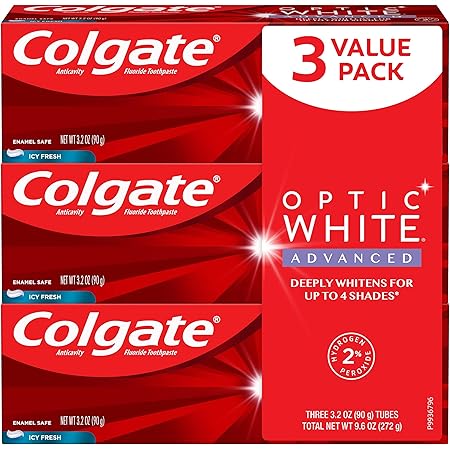 Colgate Optic White Advanced Teeth Whitening Toothpaste, 2% Hydrogen Peroxide, Icy Fresh - 3.2 Ounce (3 Pack)