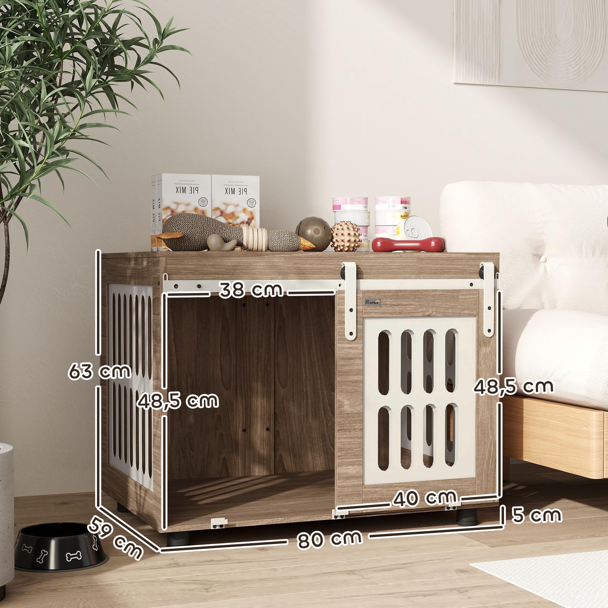 PawHut Jaula para Perros con Puerta corredera, caseta para Perros de tamaño Mediano, Buena ventilación, Mesa Lateral con Patas Ajustables, 80 x 59 x 63 cm, Nogal