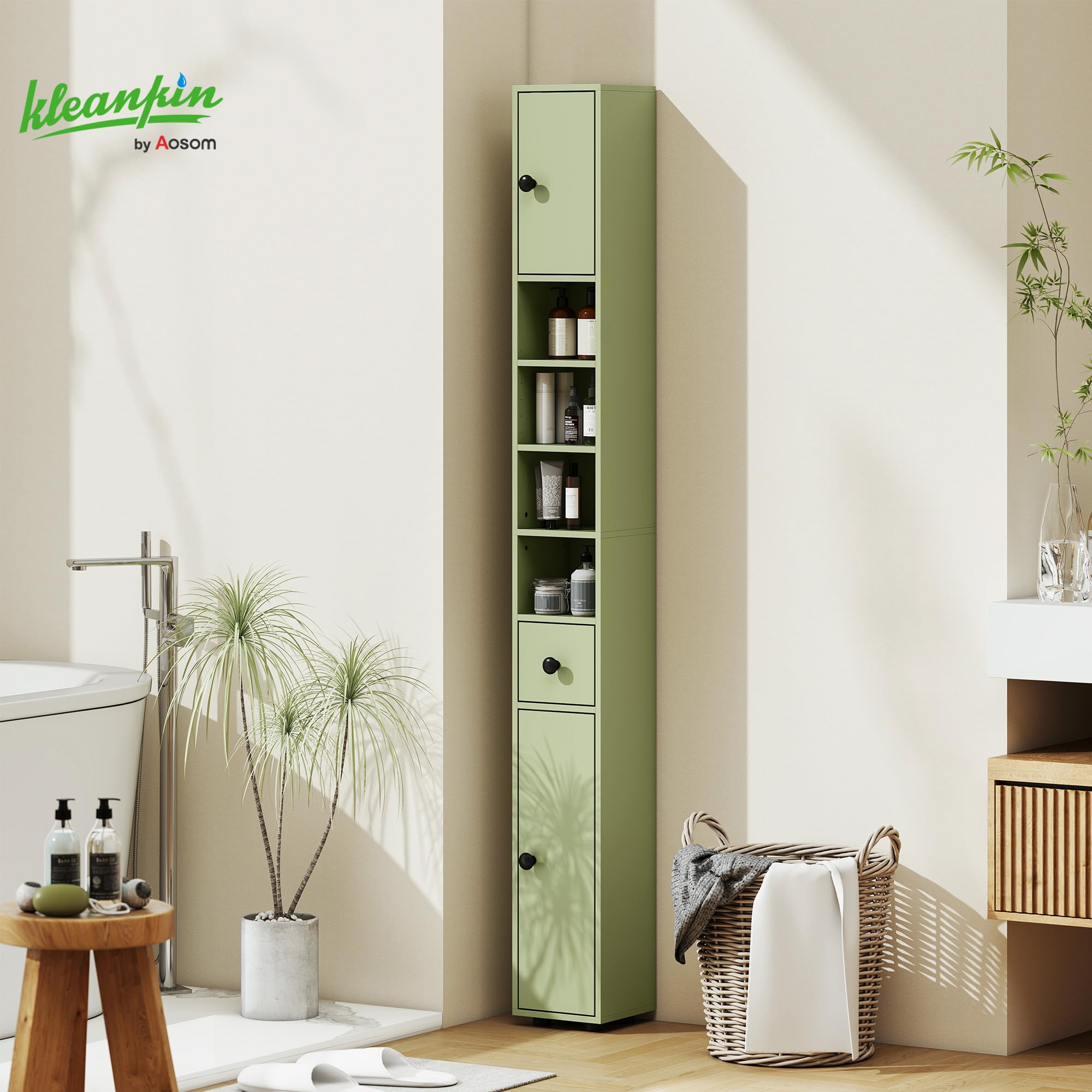 kleankin Armario de baño Alto 180cm, Delgado, 4 estantes Abiertos, Verde