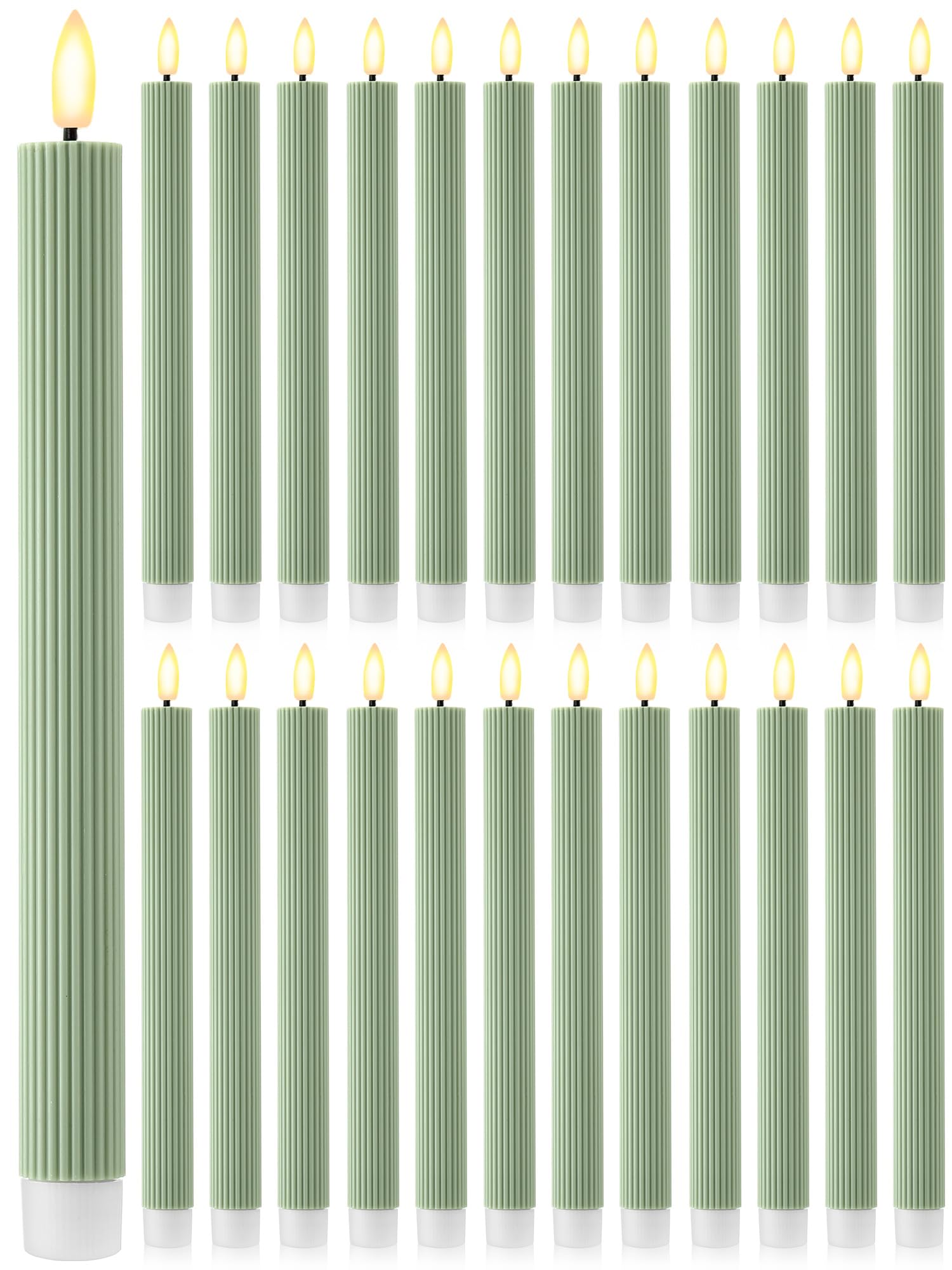 Treela 24 Pcs Flameless Taper Candles Battery Operated ulkB Fake Candles Light LED Candle Sticks Flickering Tapered for Wedding Anniversary Holiday Decoration(Vertical Stripes,10 Inch,Dark Green)