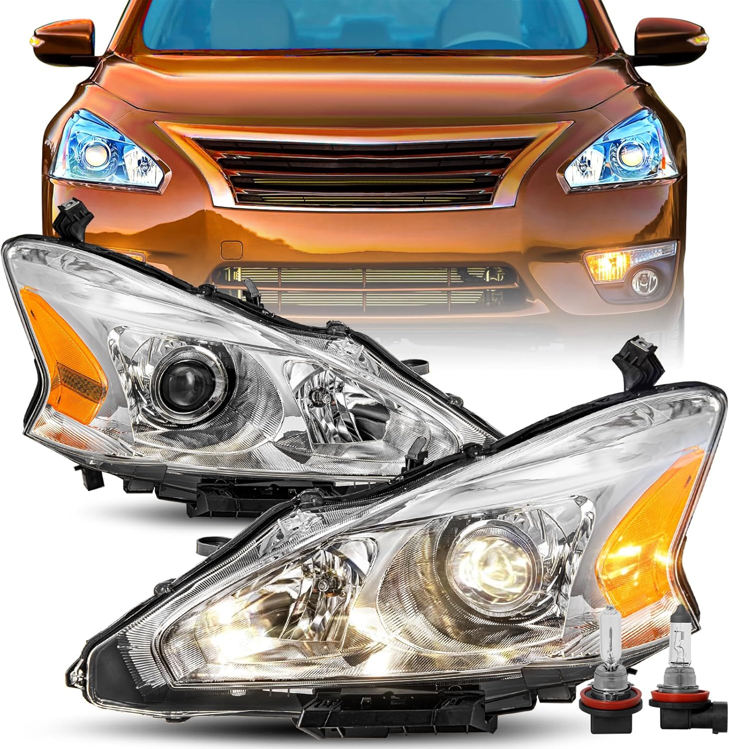 BRYGHT Headlight Assembly Fit for 2013 2014 2015 Nissan Altima Sedan Driver and Passenger Side (Bulbs Included)