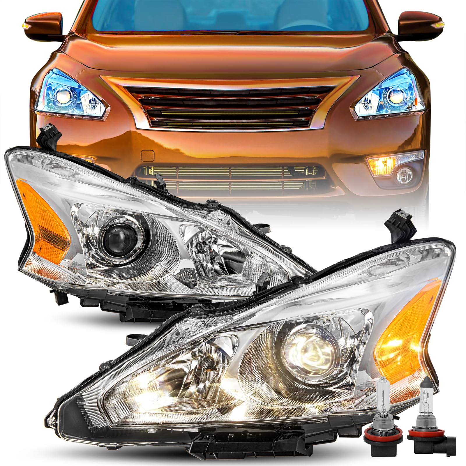 BRYGHT Headlight Assembly Fit for 2013 2014 2015 Nissan Altima Sedan Driver and Passenger Side (Bulbs Included)
