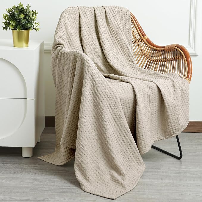 PHF Soft Waffle Weave Throw Blanket 50''x60'' - Lightweight and Breathable Woven Blankets Seasons - Great Decor for Couch Bed Sofa - Natural/Linen