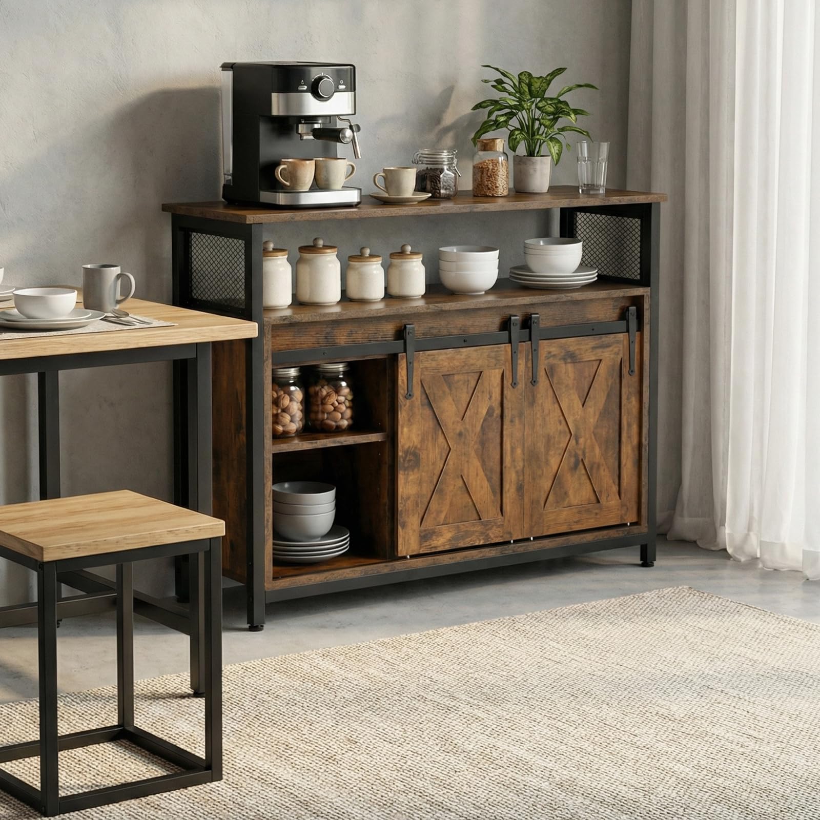 Sideboard, Küchenschrank, Aufbewahrungsschrank, 100 x 33 x 80 cm, mit 2 Schiebetüren, verstellbare Ablagen, Landhausstil, für Wohnzimmer, Esszimmer und Küche, vintagebraun-schwarz