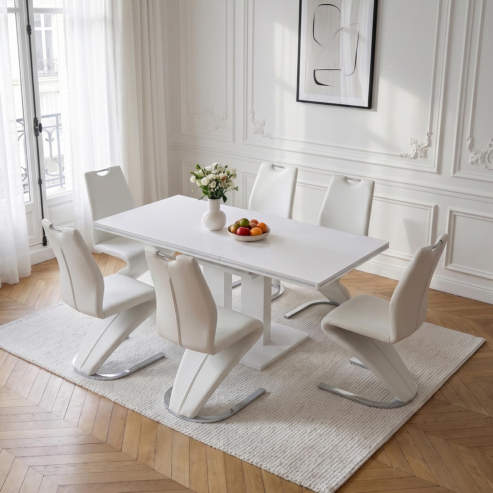JIEXI Erweiterbarer Esstisch 7er Set, 140-180 cm Hochglanz Weiß Küchentisch mit 6 Weißen Z-förmigen Freischwingerstühlen, Moderner Säulentisch für das Wohnzimmer oder das Esszimmer Set