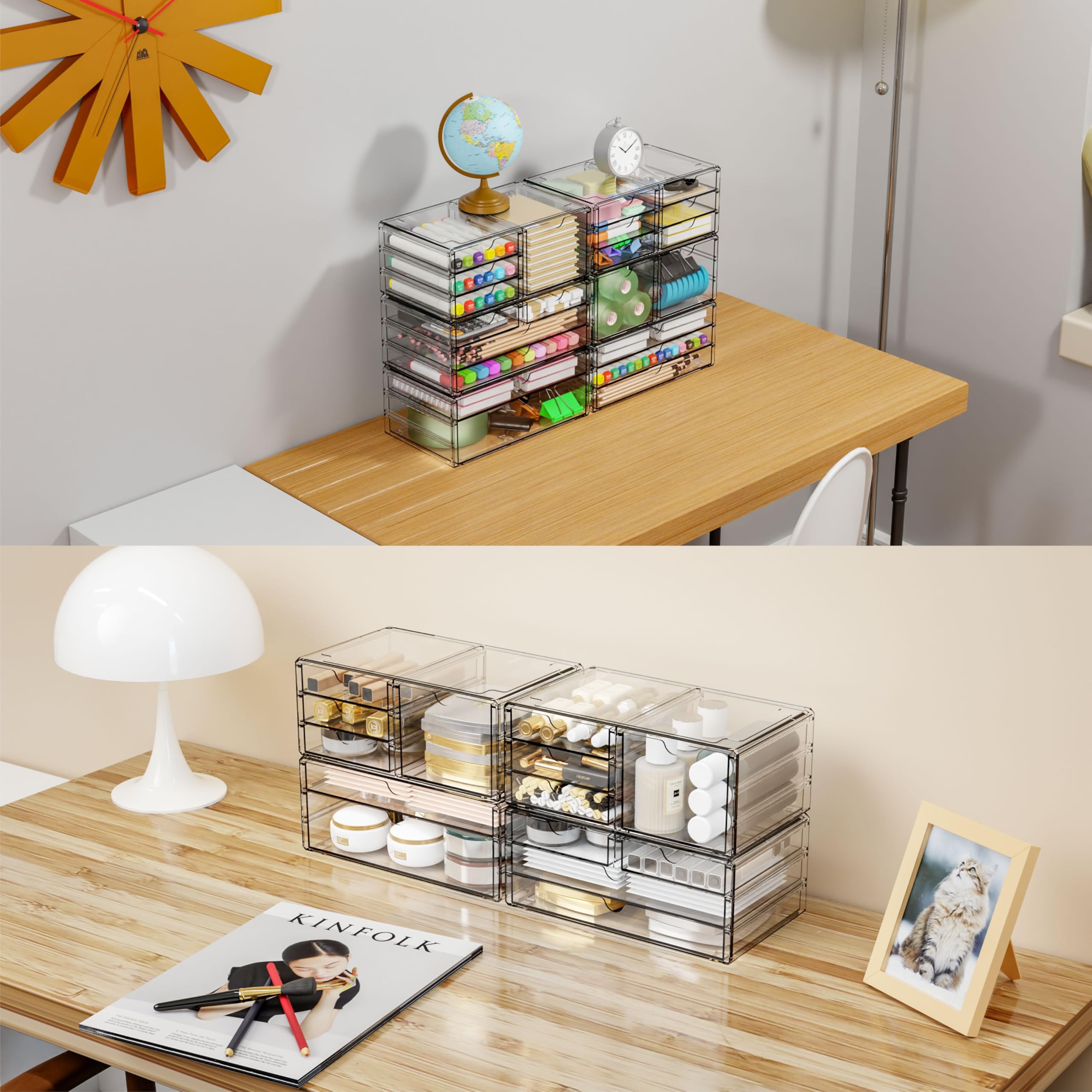 Organizer per cassetti in acrilico, impilabile, 28,2 cm, grandi cassetti trasparenti e organizer per trucchi per vanità, piano di lavoro del bagno, armadietto, dispensa, contenitori per forniture per