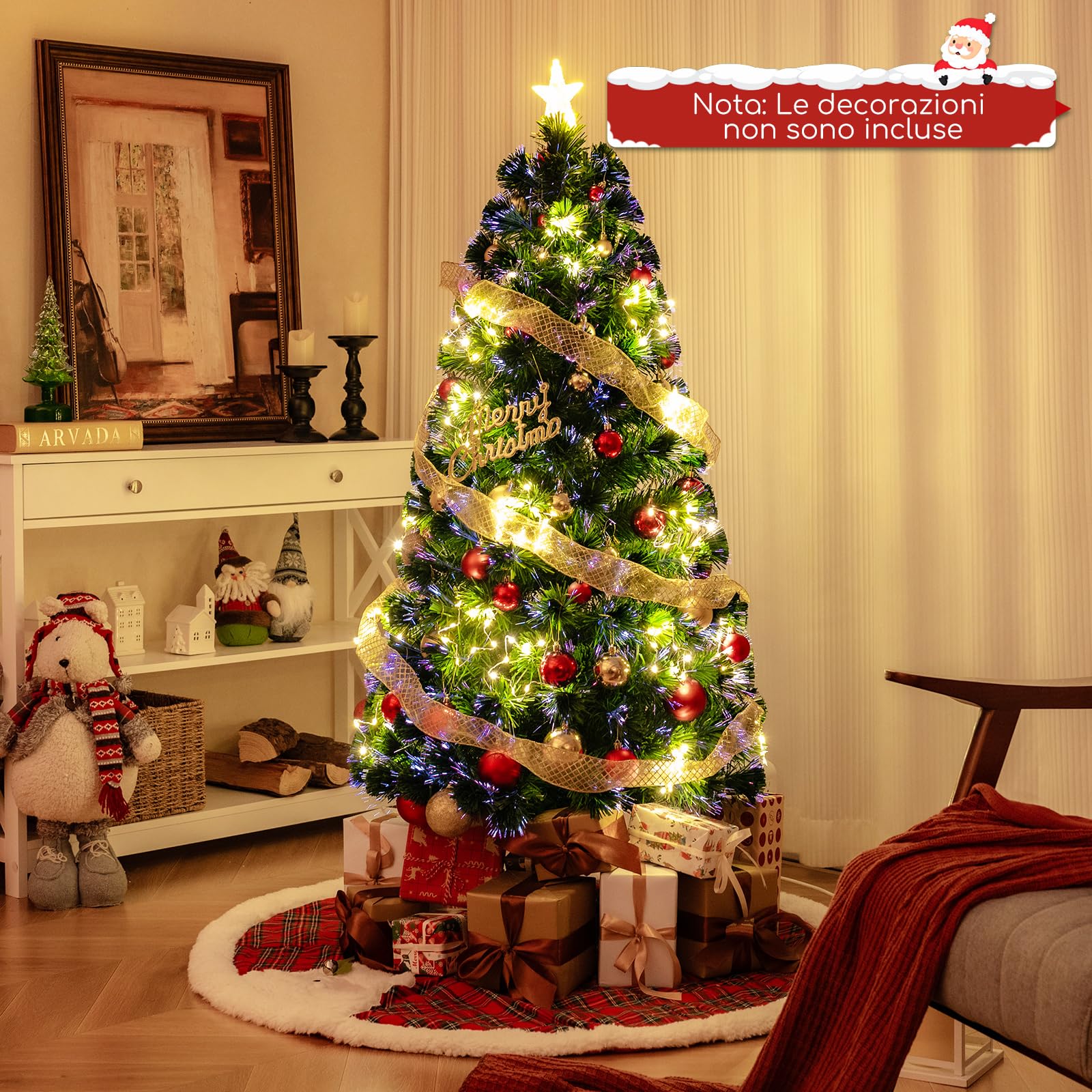 COSTWAY Albero di Natale in Fibra Ottica 120/150/180 cm, Albero di Natale Artificiale Pre-illuminato con 18/24/36 Luci a Stringa, Stella sulla Cima e 130/170/230 Punte dei Rami (150 CM)