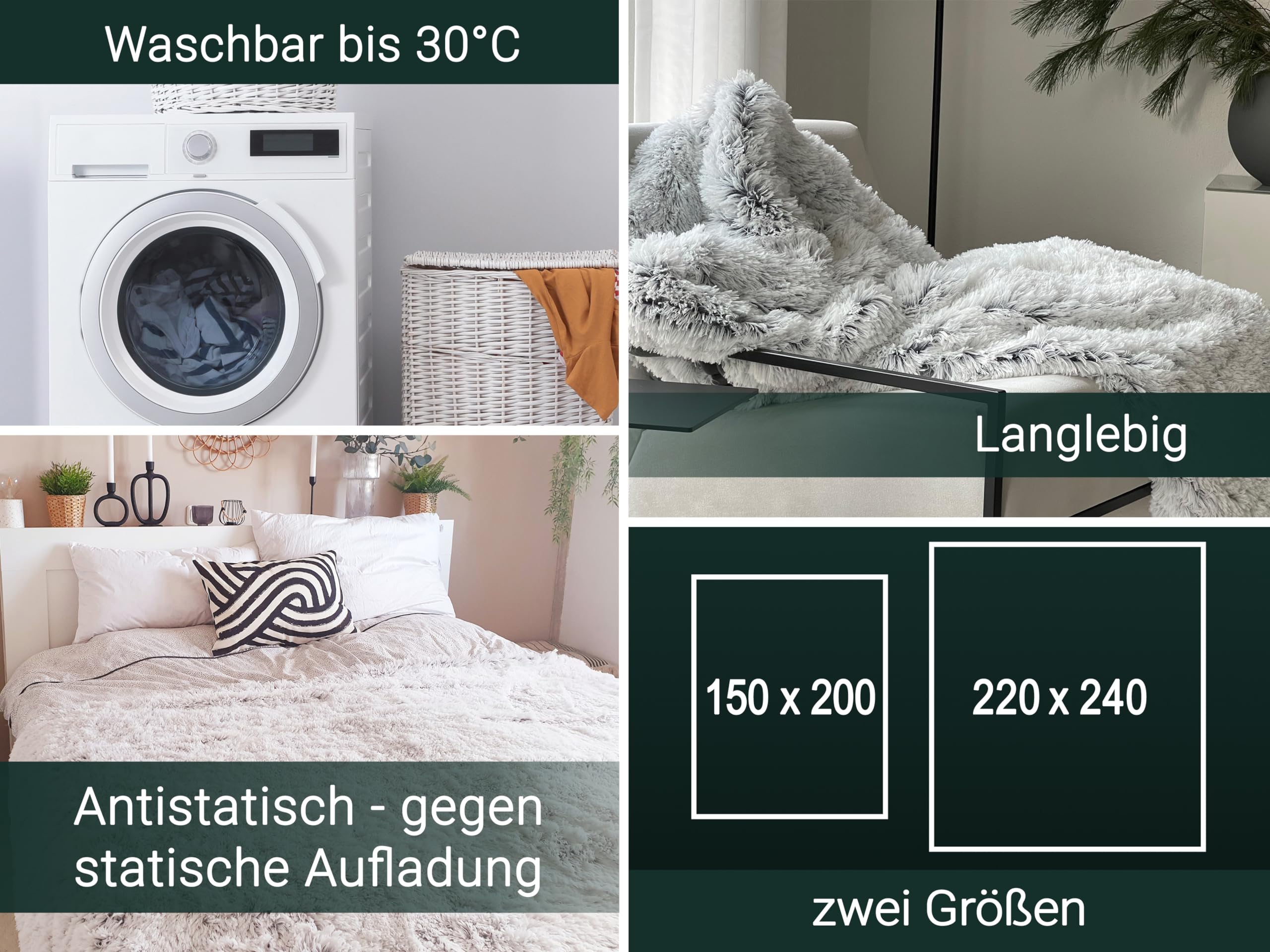 ZOLLNER Kuscheldecke extra flauschig in 220x240 cm - kuschelige und warme Couchdecke - waschbar bis 30°C – weißes Fellimitat auf grauem Fleece - Hotelwäschequalität - Oeko Tex® Zertifiziert