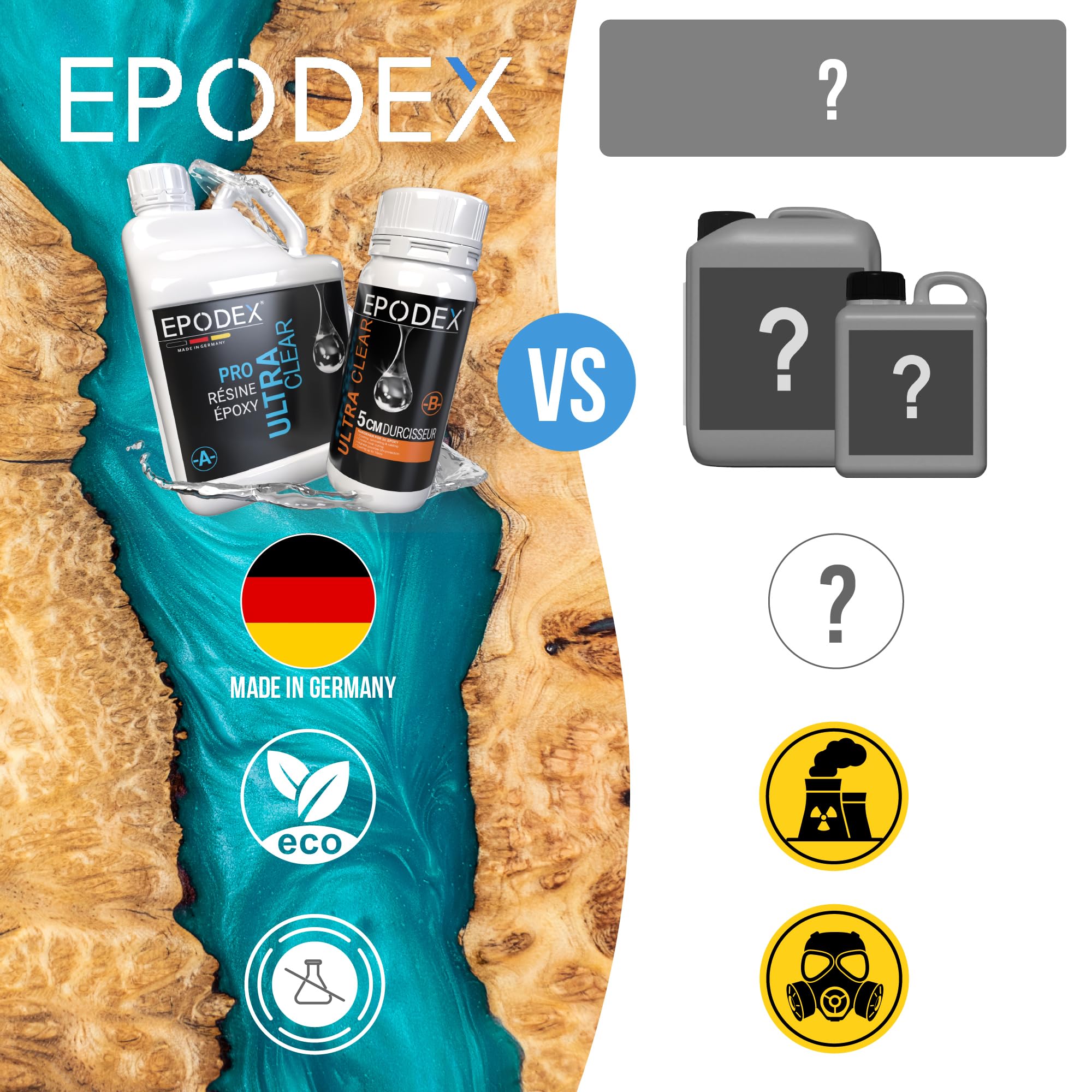EPODEX PRO+ Résine époxy jusqu’à 5cm, CLEAR - Transparent, 3kg | Kit transparente Avec ou sans pigments, Pour tables rivières, lampes, grande coulée et plus