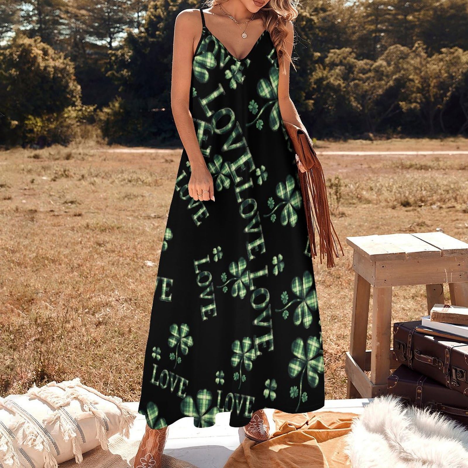 Vestido casual de San Patricio a cuadros verdes para mujer, vestido largo de espagueti ajustable, largo hasta el tobillo con volantes, vestido de verano fluido